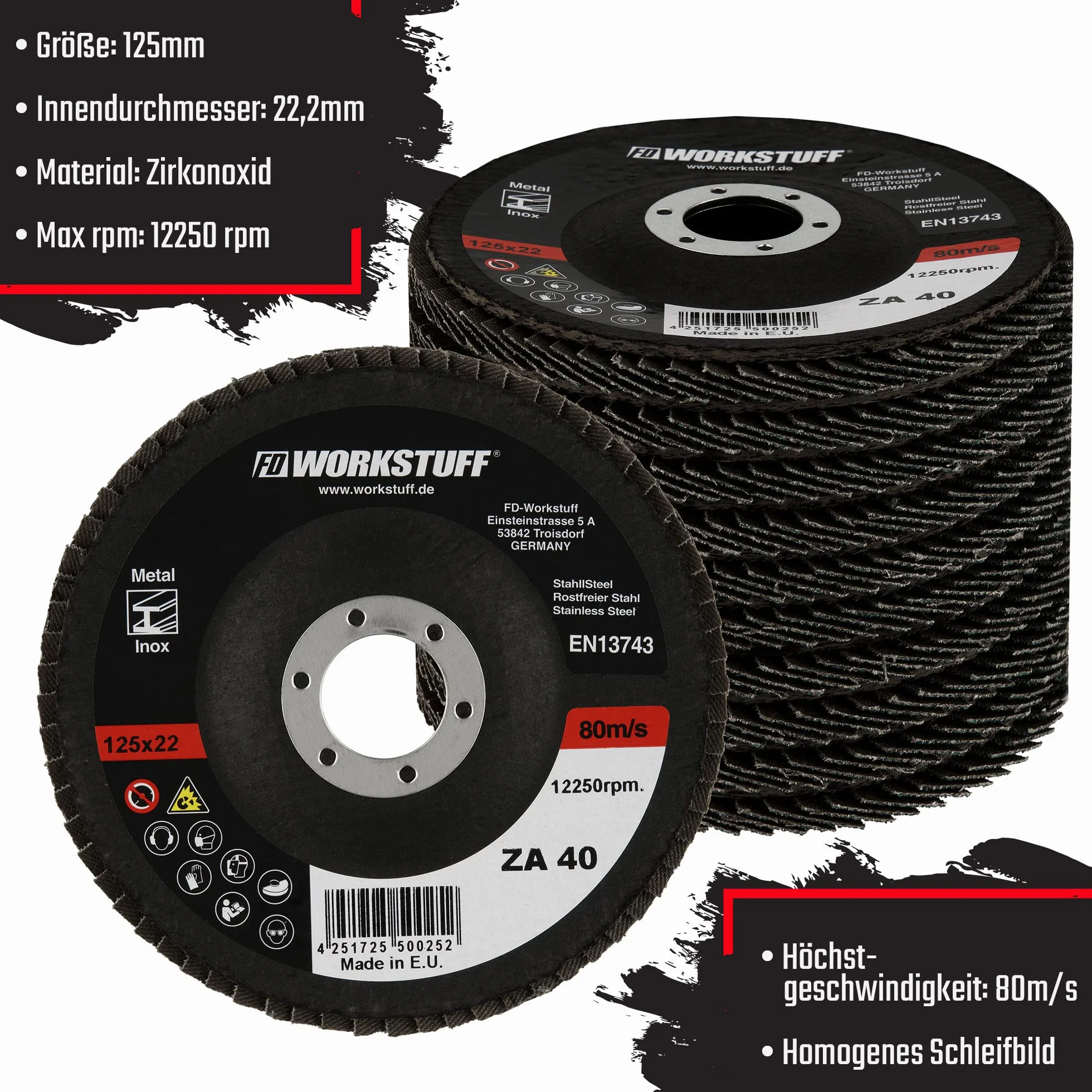 Zestaw 10 tarcz szlifierskich Ø 125 mm, mieszane opakowanie (2 x ziarnistość 40/60, 3 x ziarnistość 80/120), ze stali nierdzewnej, tarcze szlifierskie, niebieskie