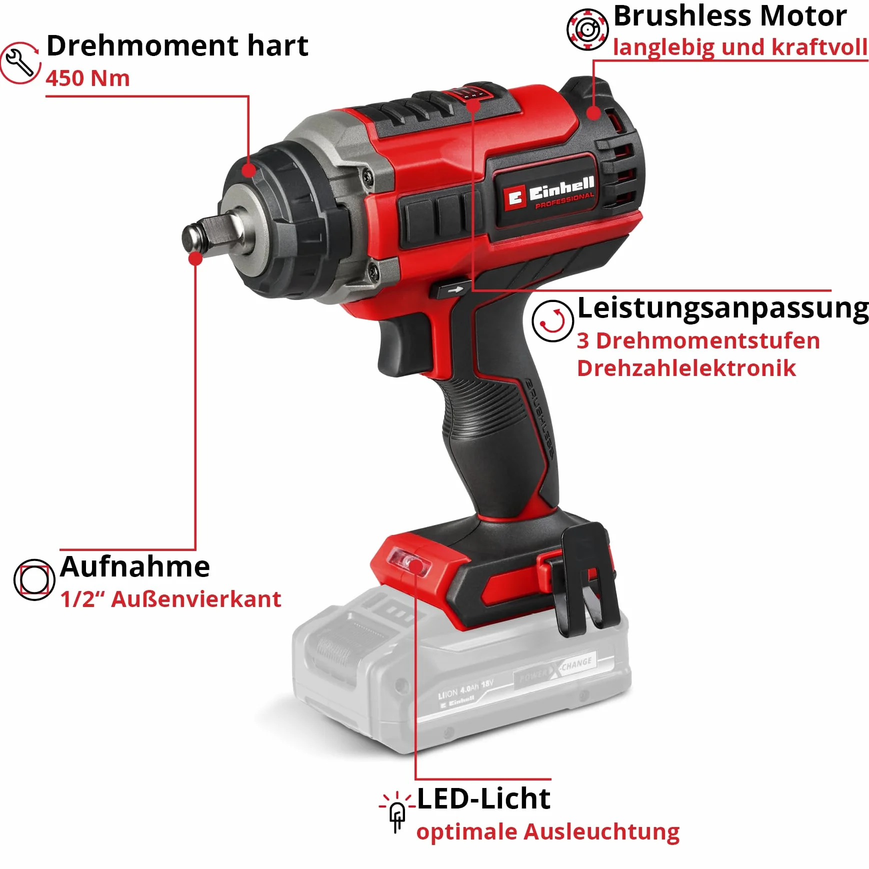 Einhell Professional Akumulatorowy klucz udarowy IMPAXXO 18/400 Power X-Change (Li-Ion, 18 V, 400 Nm, 3-bieg. przekładnia, silnik bezszczotkowy, bez akumulatora i ładowarki)