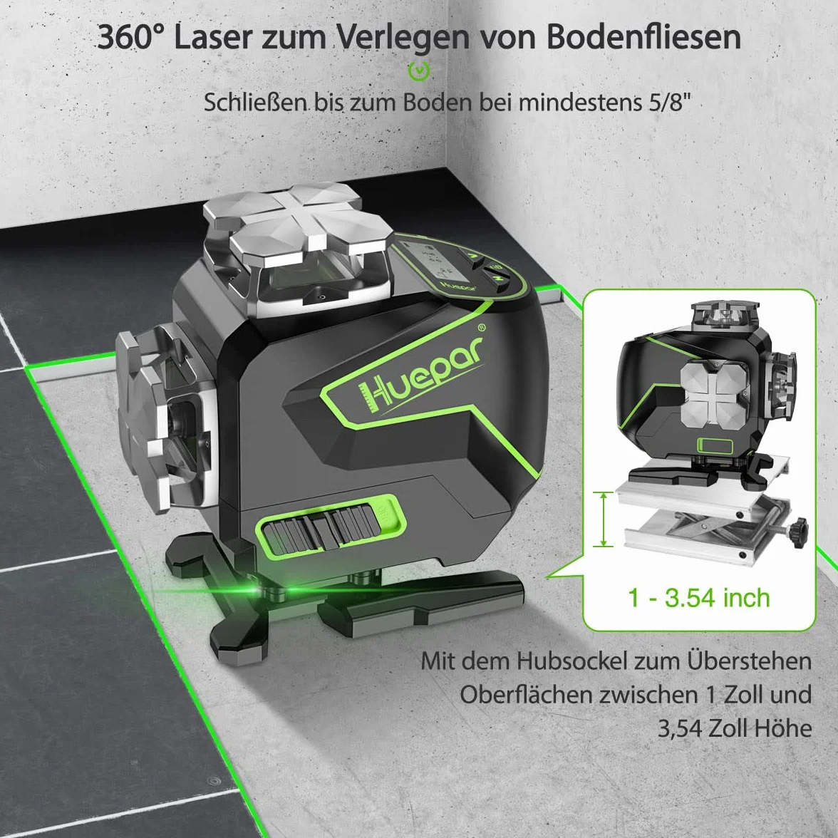 Huepar 16 linii samopoziomujący poziom lasera 4 x 360° z ekranem LCD, zielona wiązka Bluetooth 4D, pilot poziomy/pionowy S04CG-C