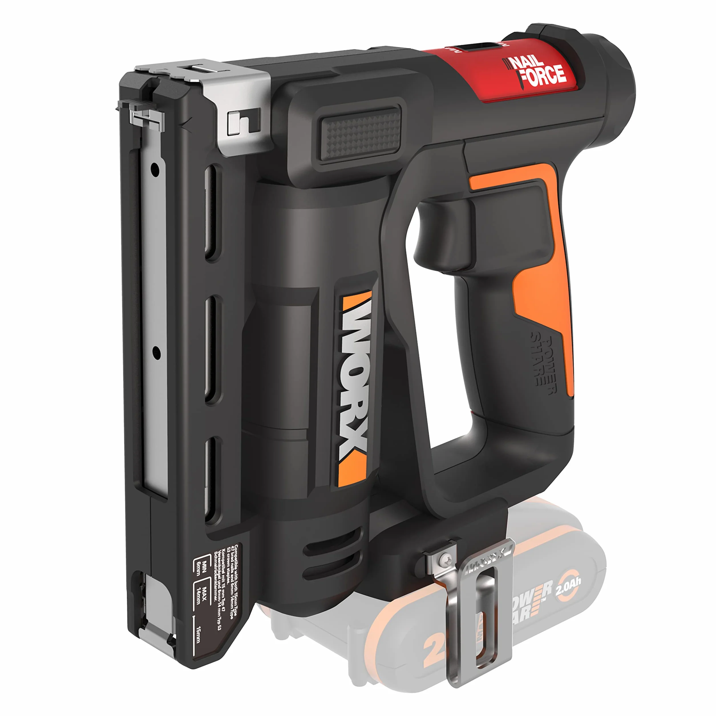 WORX NailForce WX843.9 zszywacz akumulatorowy 20 V, do gwoździ 15 mm i zszywek do 14 mm, łatwe ładowanie magazynka, 60 gwoździ/min sekwencja strzałów, bez akumulatora i ładowarki, kompatybilny z