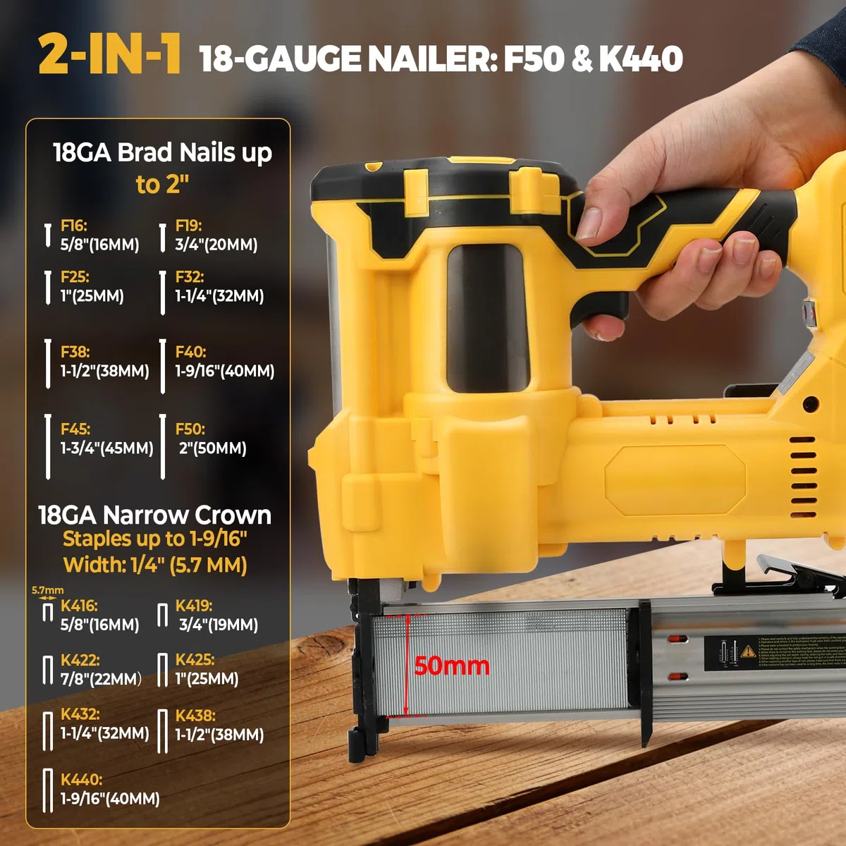 Akumulatorowa gwoździarka Brad 18GA 5.1 cm kompatybilna z akumulatorem Dewalt 18 V 20 V, 2 w 1, bezprzewodowy pistolet do paznokci, zacięcie bez narzędzi, regulowana głębokość, zszywacz akumulatorowy
