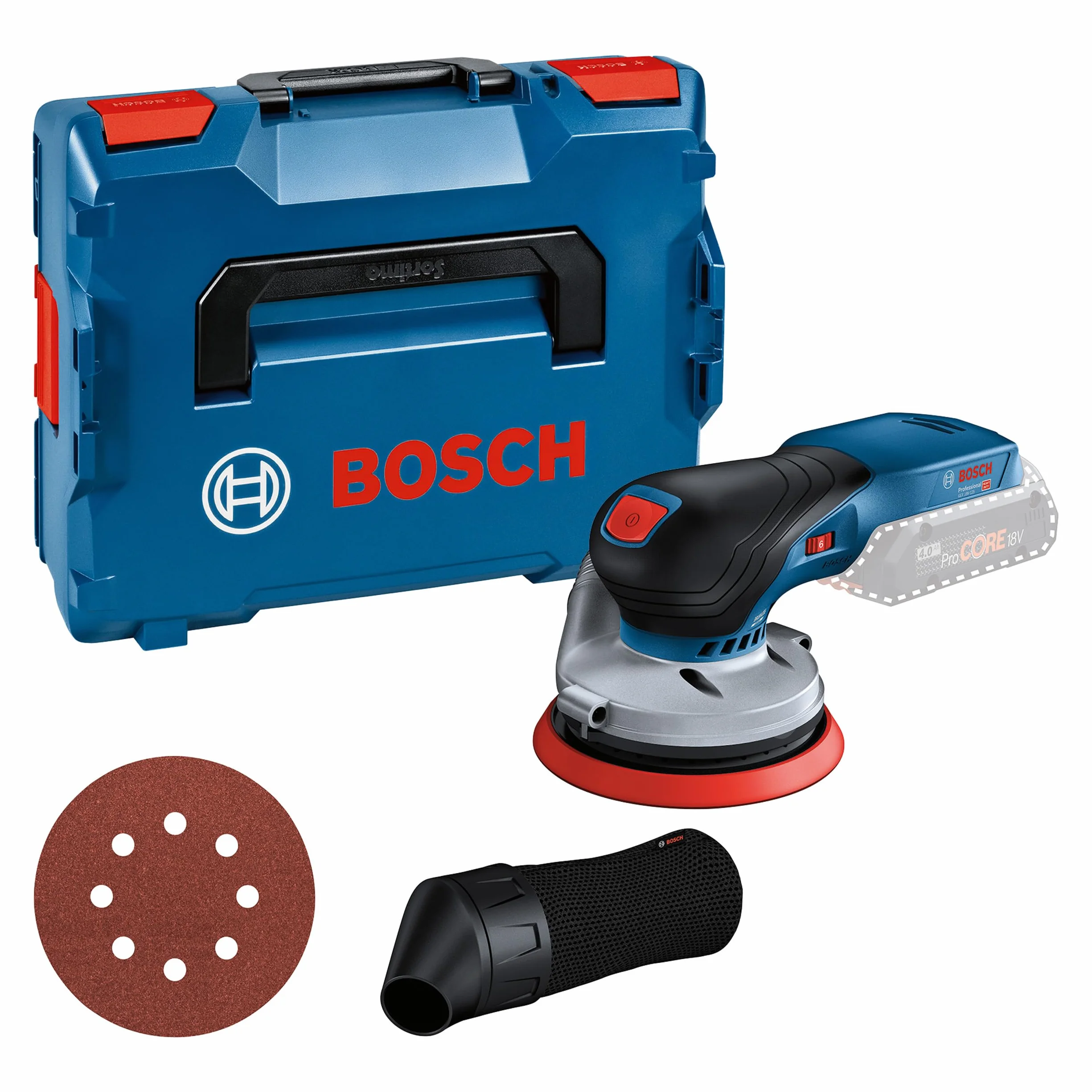 System profesjonalny 18 V firmy Bosch: akumulatorowa szlifierka mimośrodowa GEX 18V-125 talerz szlifierski 125 mm, 1 papier ścierny, worek na pył, walizka L-BOXX, bez akumulatora i ładowarki
