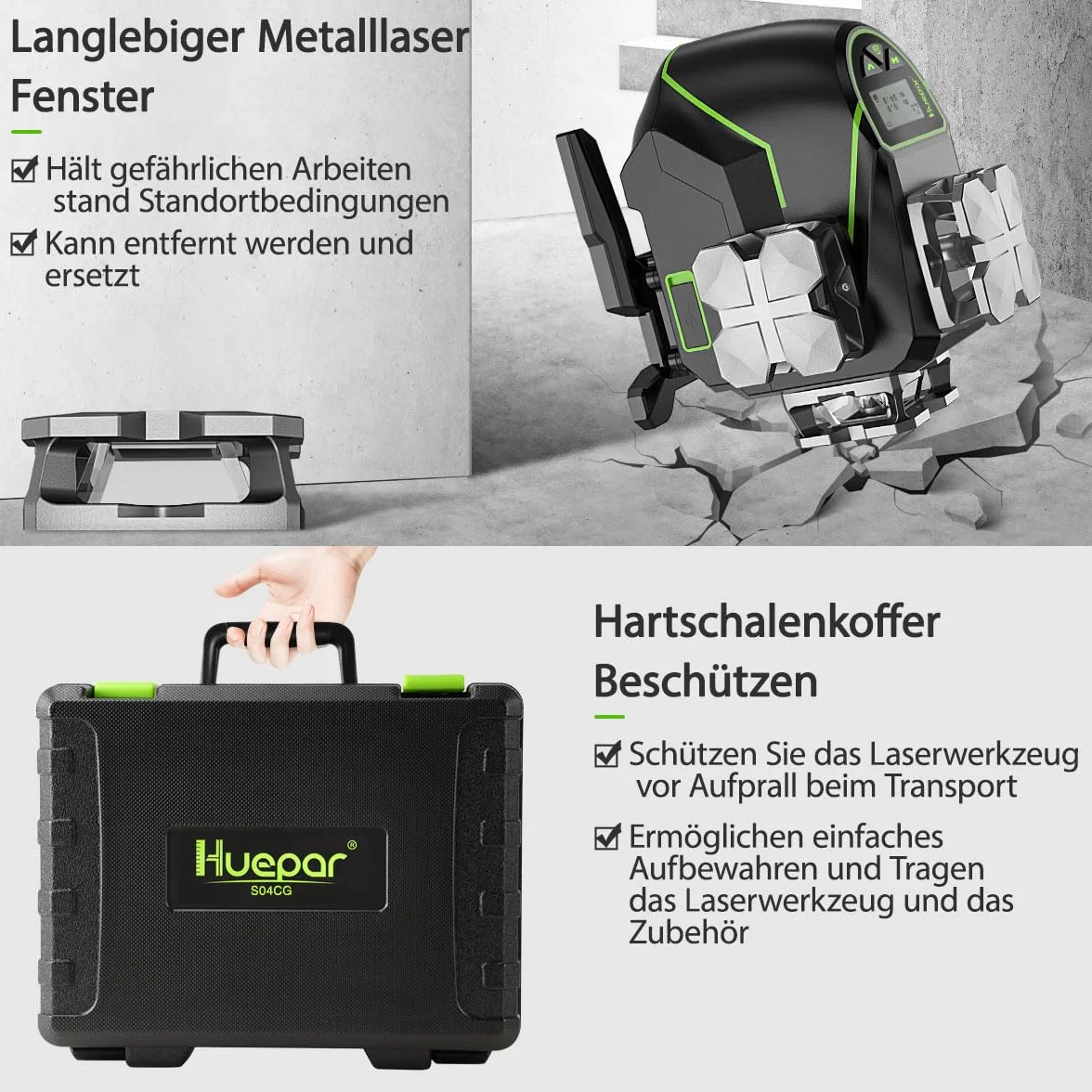 Huepar 16 linii samopoziomujący poziom lasera 4 x 360° z ekranem LCD, zielona wiązka Bluetooth 4D, pilot poziomy/pionowy S04CG-C