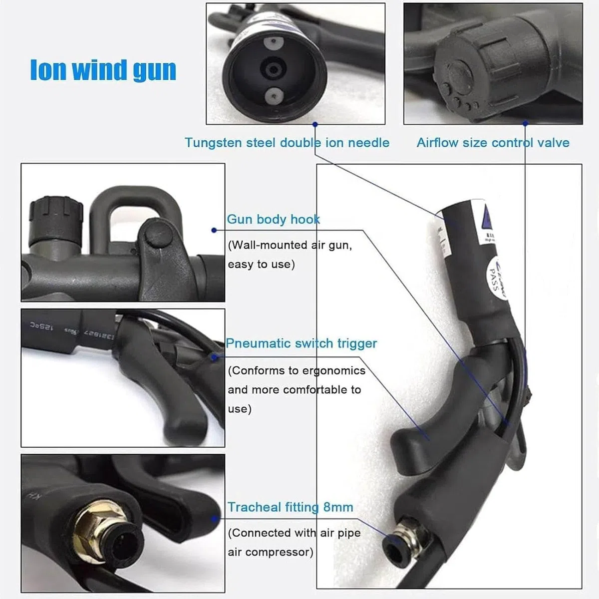 Jonizujący pistolet na sprężone powietrze, antystatyczny pistolet pneumatyczny z generatorem wysokiego napięcia 4,6 kV, regulowane ciśnienie powietrza, balans jonowy ± 35 V, do naprawy elektroniki
