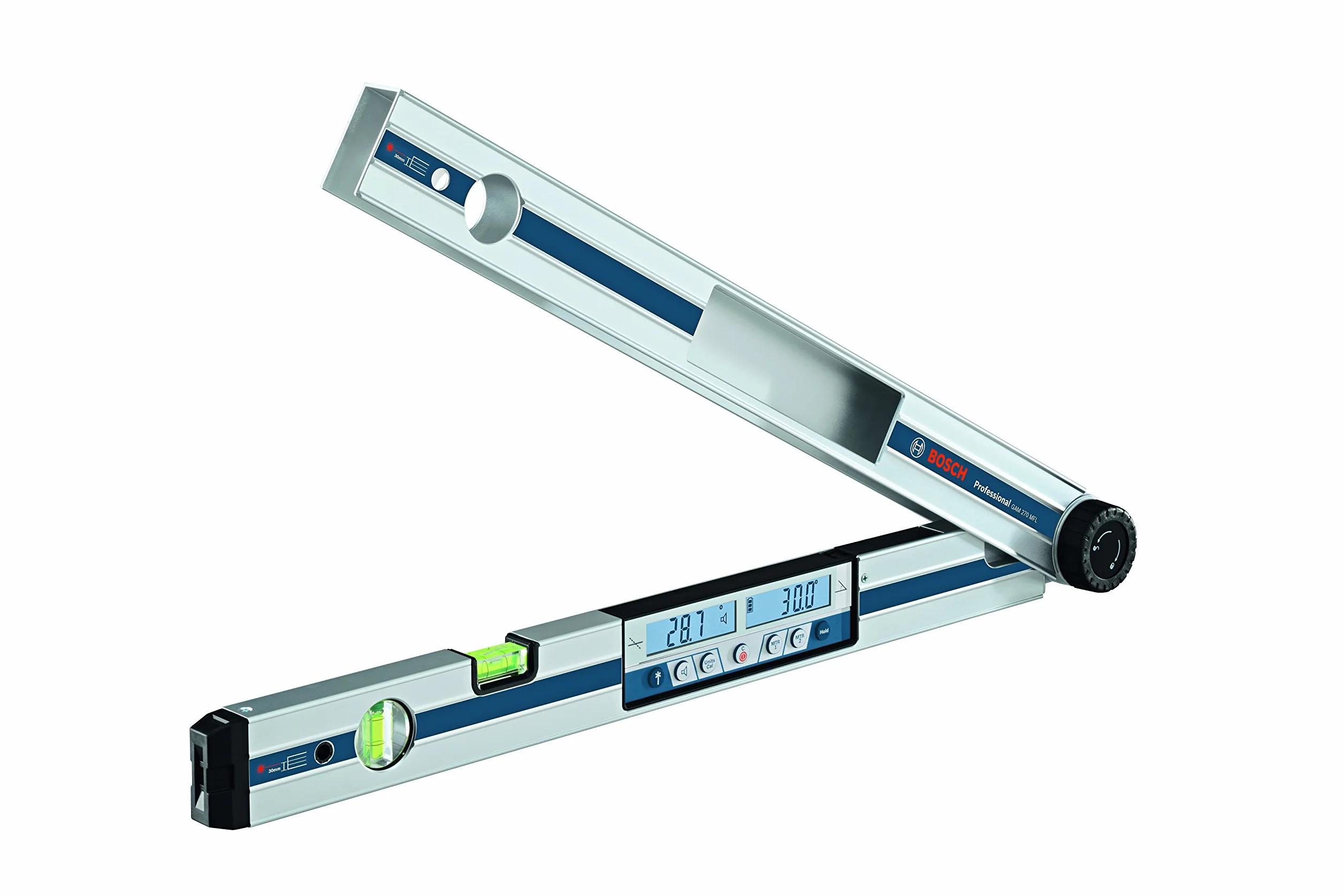 Bosch Professional Cyfrowy kątomierz i miernik nachylenia GAM 270 MFL (laserowa precyzja, obliczanie kątów cięcia, zakres pomiaru: 0–270 stopni, długość ramion: 60 cm)
