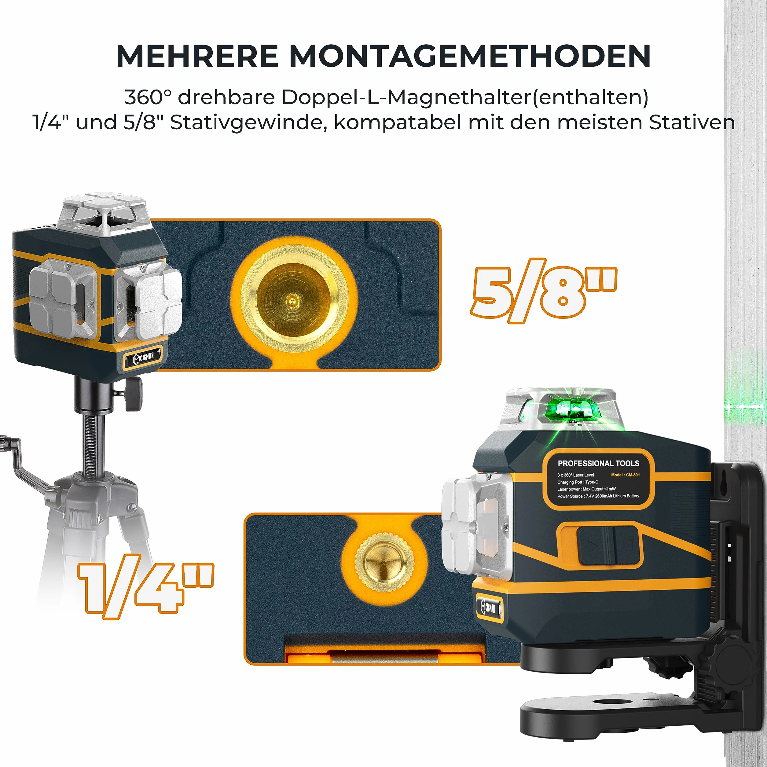 Laser krzyżowy CIGMAN 3 x zielona samopoziomująca poziomica laserowa 360 stopni, 2 wymienne akumulatory, regulowana jasność, laser budowlany CM-801