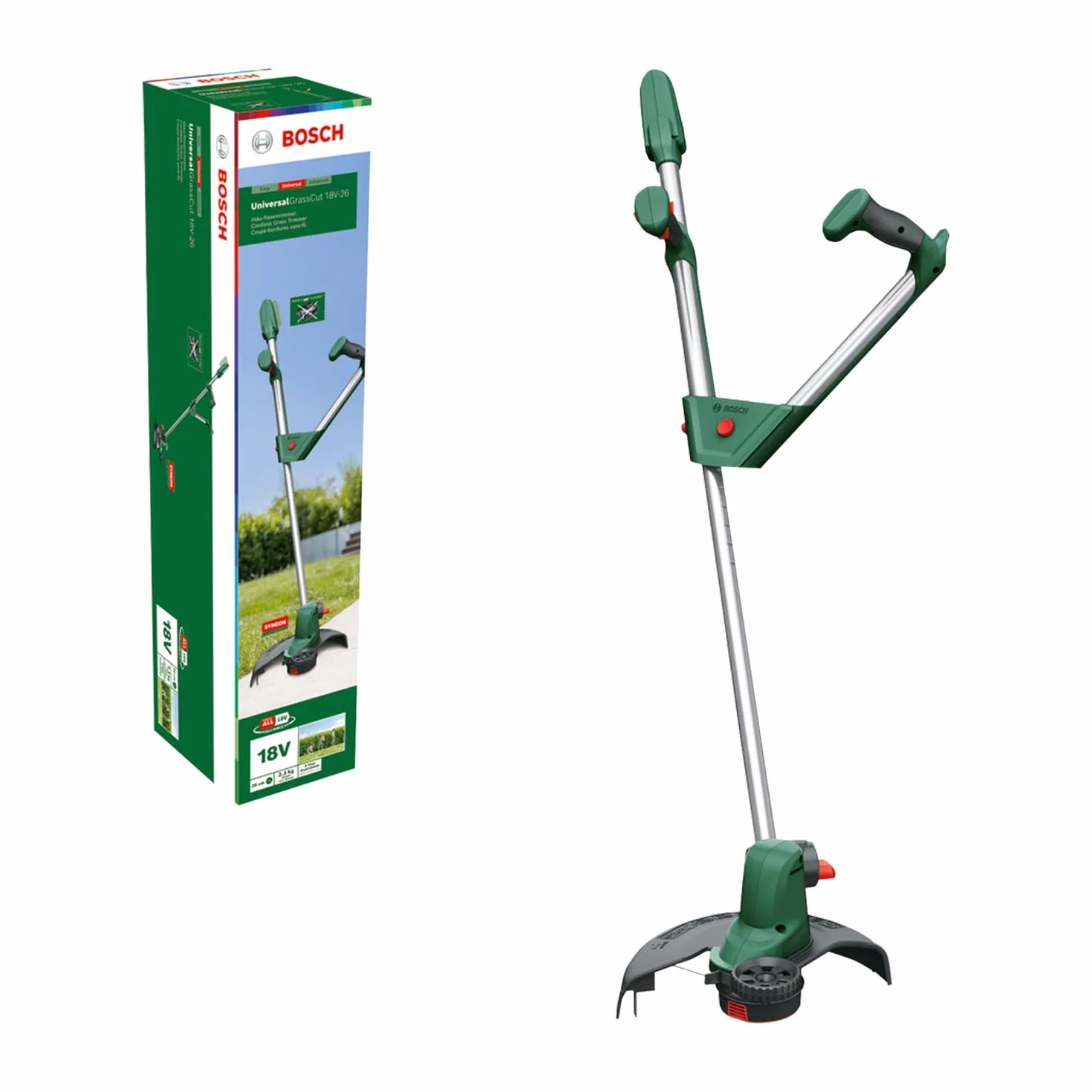 Bosch UniversalGrassCut 18V-26, Akumulatorowa podkaszarka do trawy (bez akumulatora, system 18V, średnica cięcia: 26 cm, regulowane uchwyty, opakowanie kartonowe), Zielona