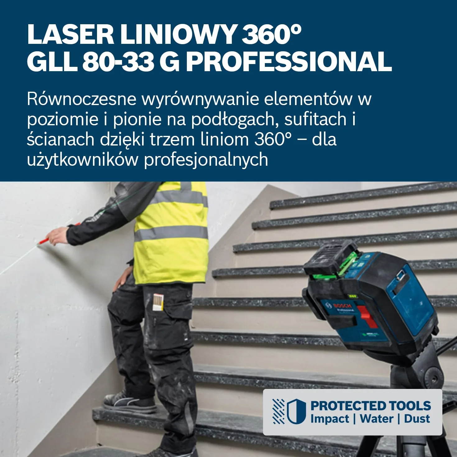 Bosch Professional Laser Liniowy GLL 80-33 G, Zielona Wiązka, Zasięg 30 m, Dual Power Source, 4x Baterie LR6, Uchwyt LB 10, Pokrowiec