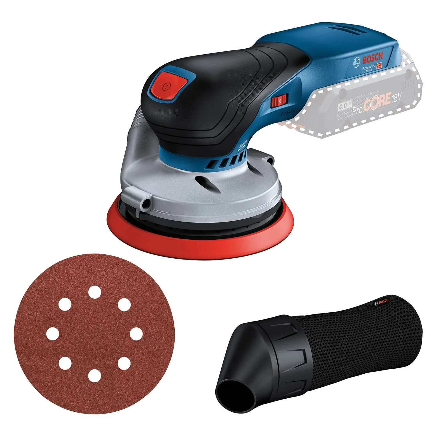 Bosch Professional system 18V: akumulatorowa szlifierka mimośrodowa GEX 18V-125 (talerz szlifierski 125 mm, 1 papier ścierny, worek na pył)