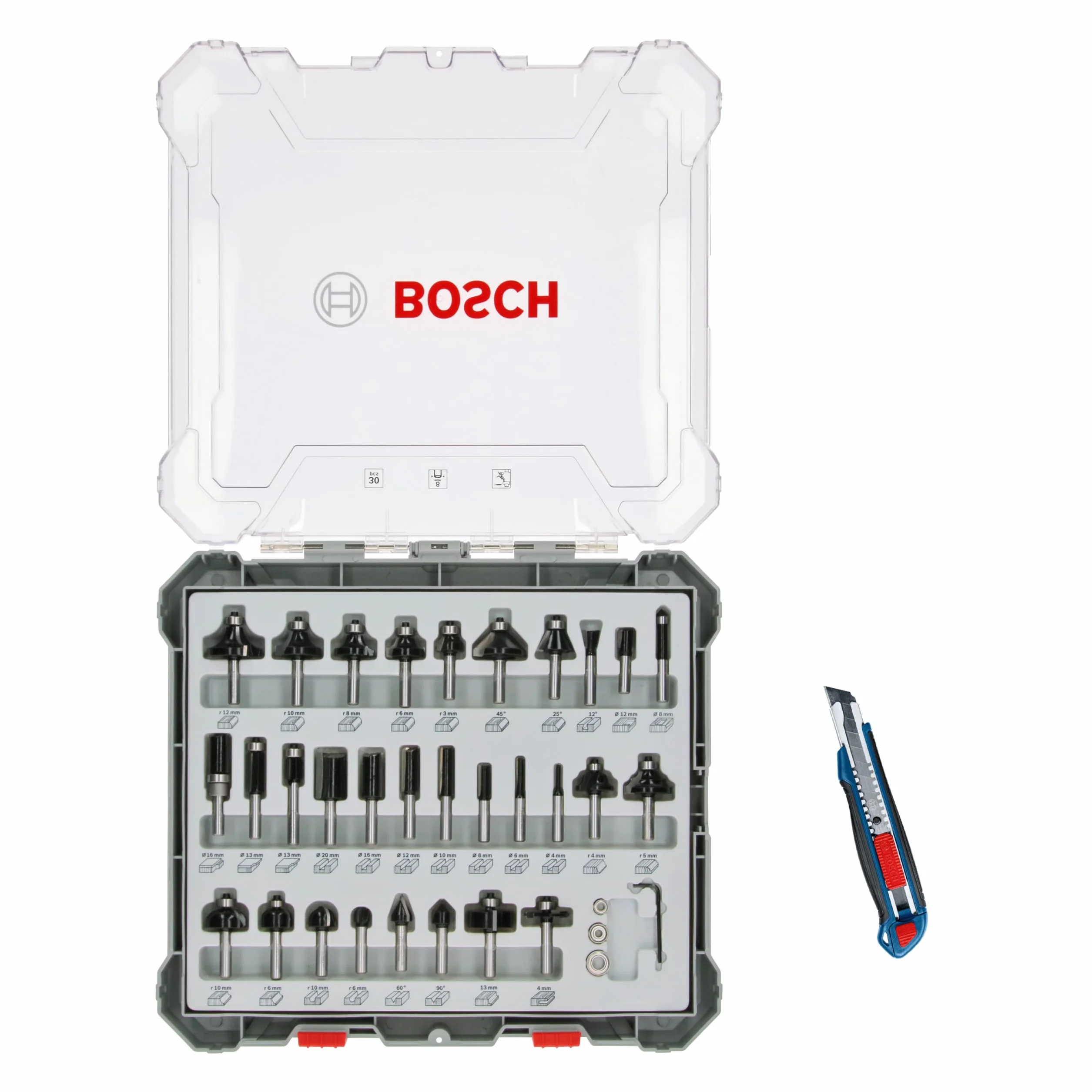 Bosch Professional 30-częściowy zestaw frezów z nożem tnącym (do drewna, trzpień Ø 8 mm, akcesoria frezarki górnowrzecionowe)