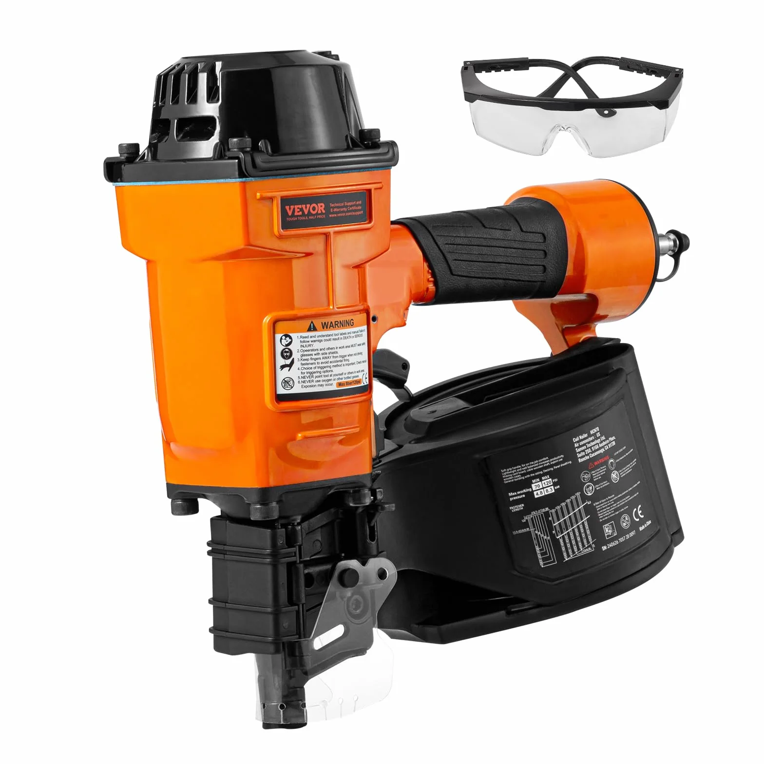 VEVOR Gwoździarka pneumatyczna, 45-70 mm, gwoździarka pneumatyczna 15°, MCN70, 70-120 PSI, głowica gwoździa Φ5,5 - Φ7 mm, pistolet do gwoździ do palet, skrzynek, ram, okładzin, ogrodzeń