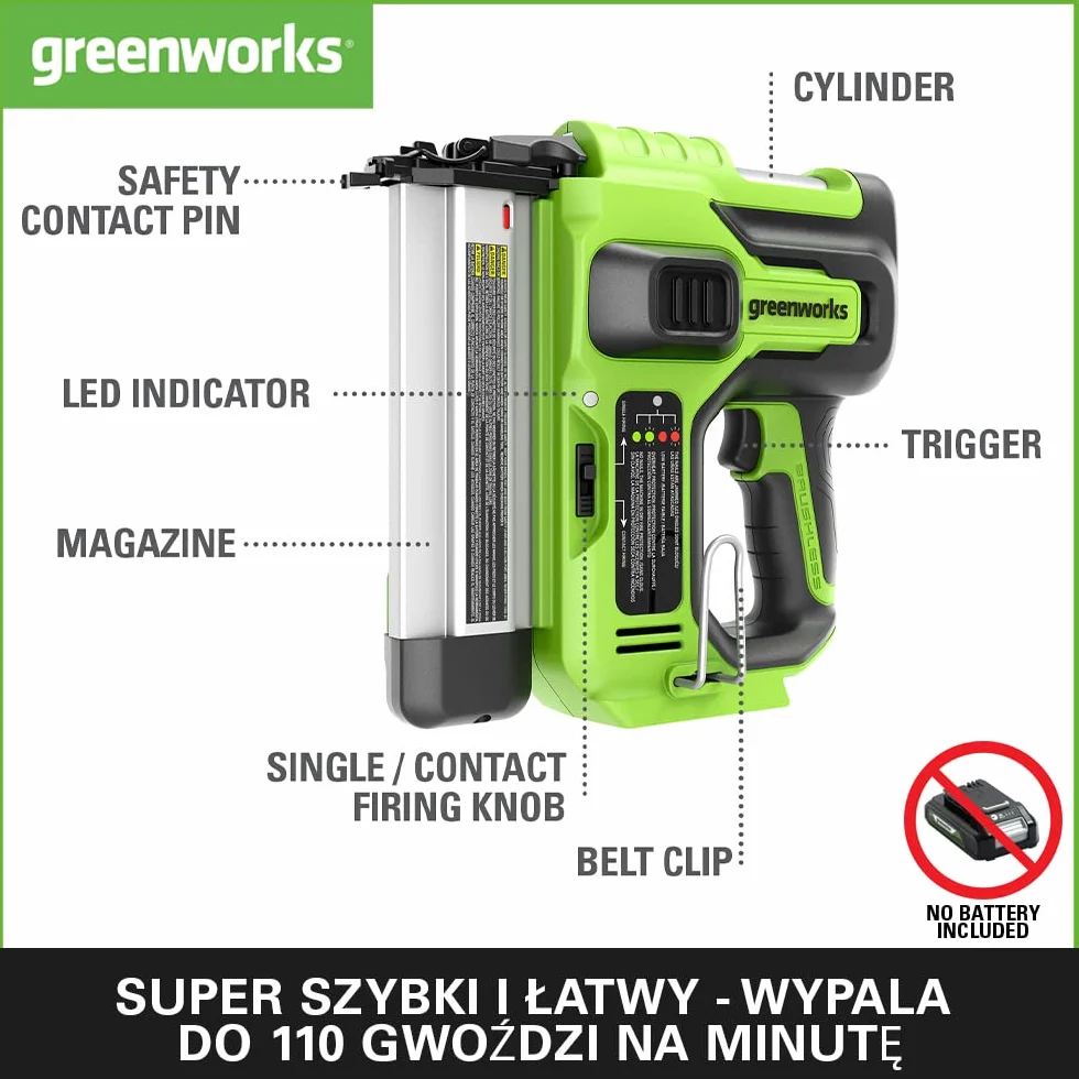 Greenworks G24BN Gwoździarka Akumulatorowa, Pojemność Gwoździ 110, 110 szt./min dla Gwoździ 20-50 mm 18GA, BEZ Baterii i Ładowarki 24V
