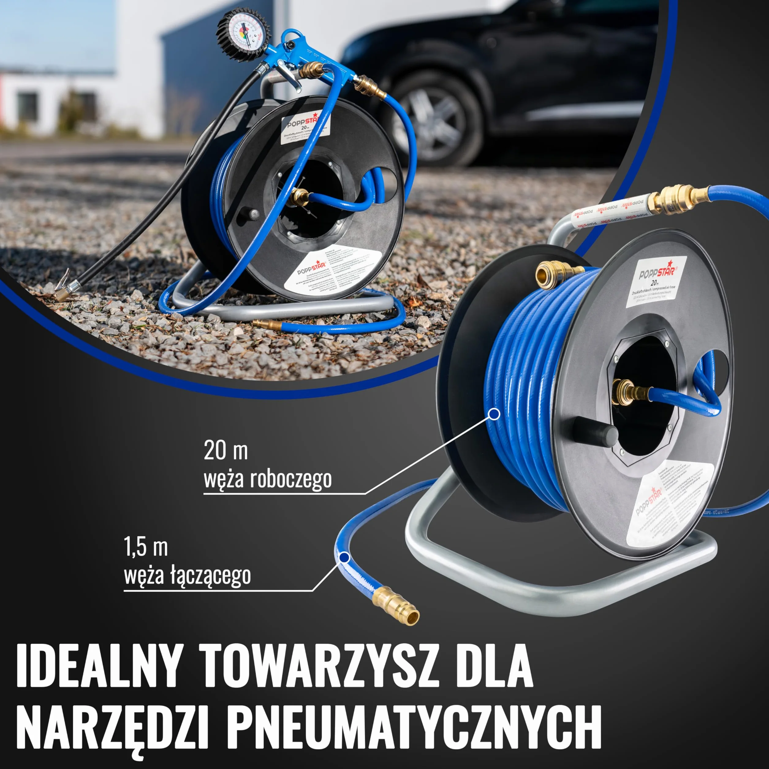 Poppstar ręczny bęben wykonany z PVC na wąż do sprężonego powietrza (długość 20m+1,5m, średnica (6x11,5mm)), przyłącza 1/4 cala BSPT