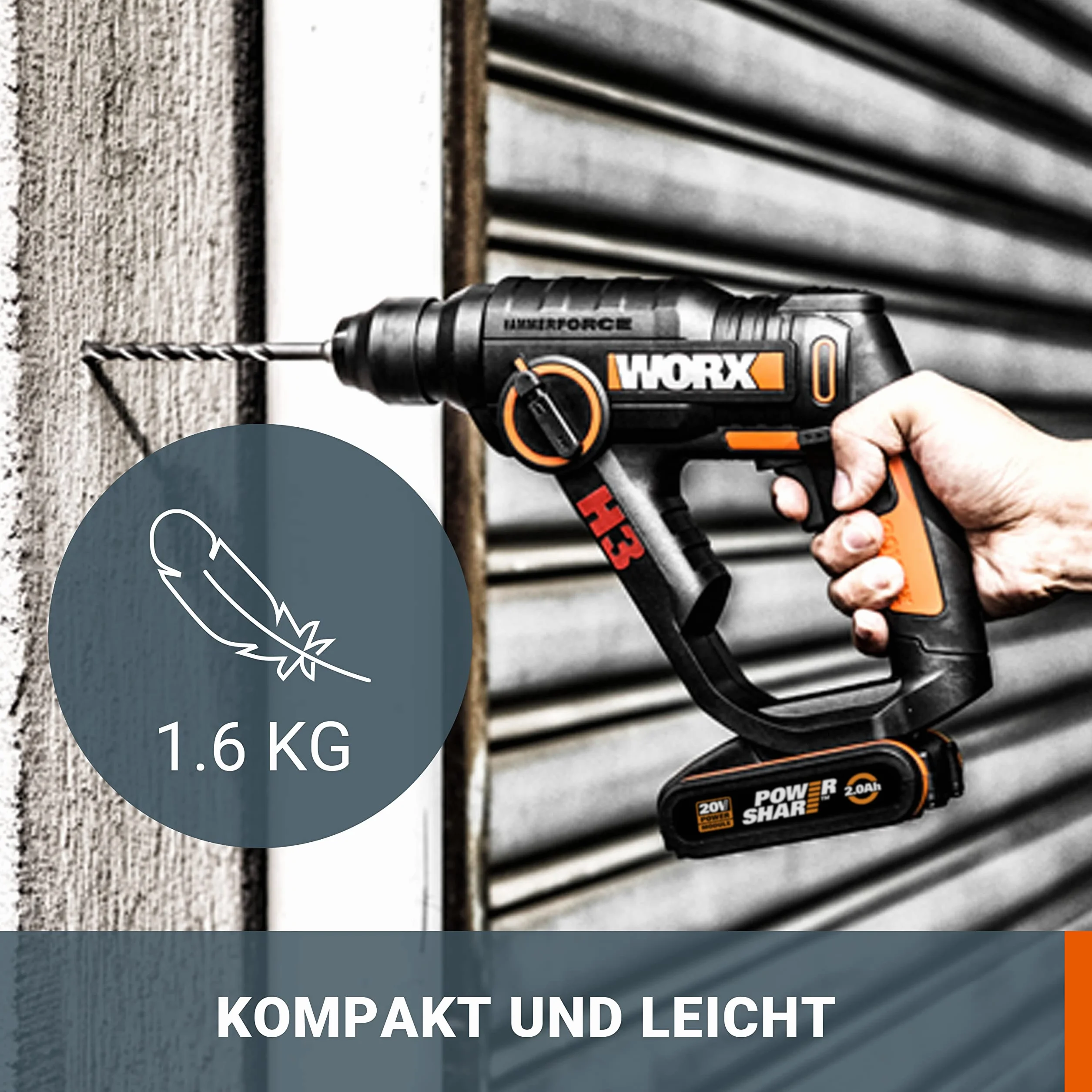 WORX WX390 SDS-plus młot udarowo-obrotowy – 20 V wiertarka z pneumatycznym mechanizmem młotkowym do wkręcania, wiercenia i młotkowania – energia uderzenia 1,2 J – z akumulatorem litowo-jonowym 2,0 Ah,