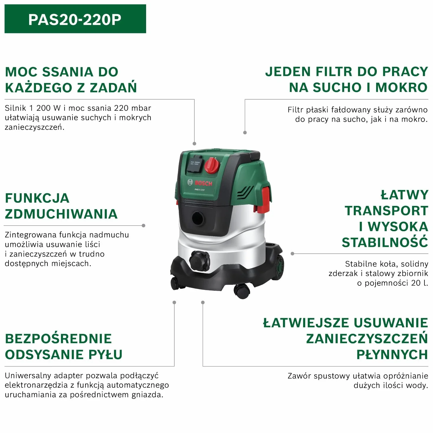 Bosch Odkurzacz sieciowy PAS20-220P 2,2 m wąż odsysający dysza do podłóg filtr płaski fałdowany