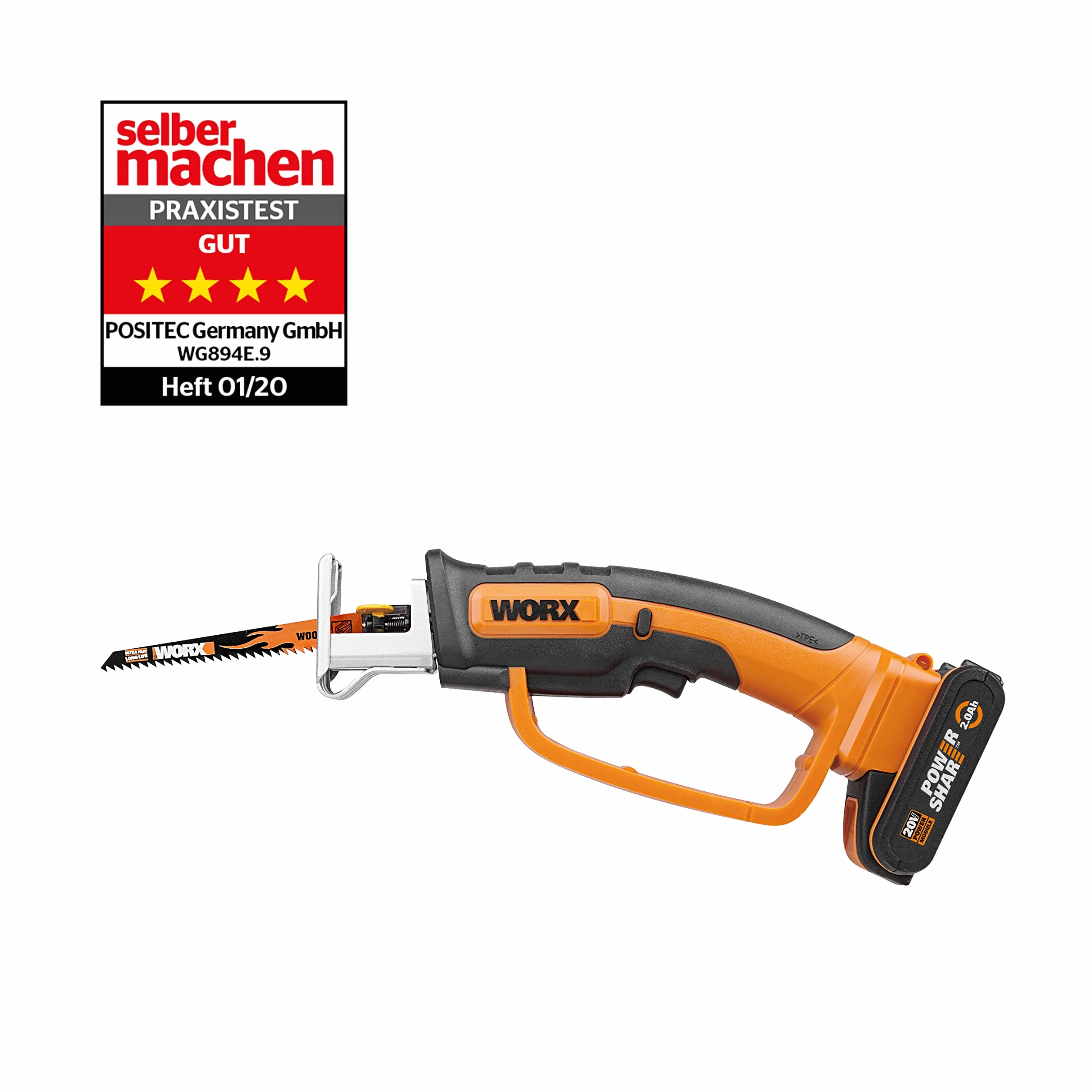 WORX WG894E QUIKSAW akumulatorowa piła ręczna 20 V – lekka, kompaktowa, wymiana brzeszczotu bez narzędzi, cięcie 60 mm w drewnie