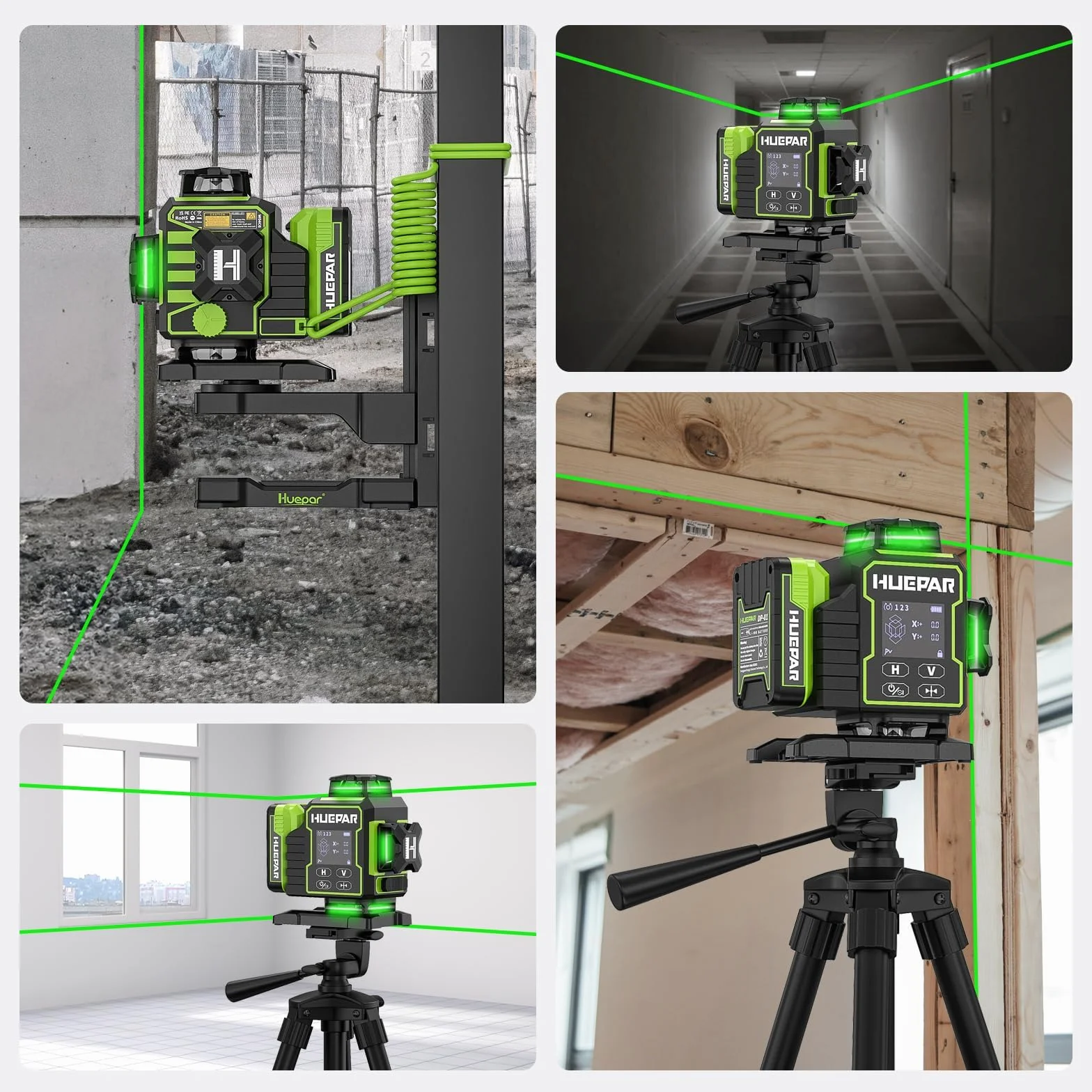 Huepar 2024 Nowa edycja W04CG Poziomica laserowa 4D, Poziomica laserowa z wyświetlaczem LCD z obrotową podstawą silnika, Samopoziomujący laser krzyżowy 360° - Pilot Bluetooth, Tryb impulsowy