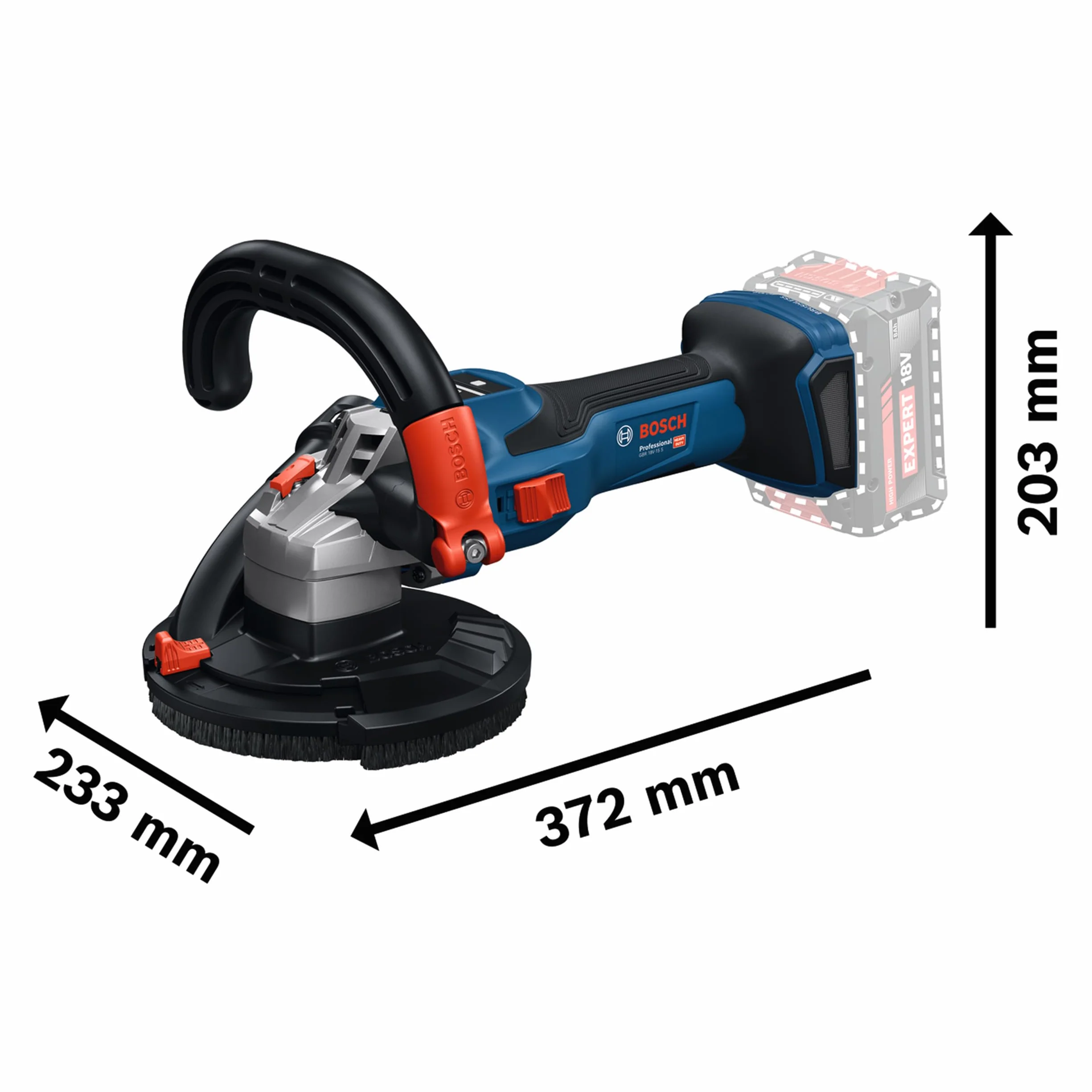 Bosch Professional 18V System Akumulatorowa szlifierka do betonu GBR 18V-15 S (walizka L-BOXX 238, diamentowa tarcza garnkowa, klucz widełkowy, zapasowy dwuczęściowy wieniec szczotkowy)