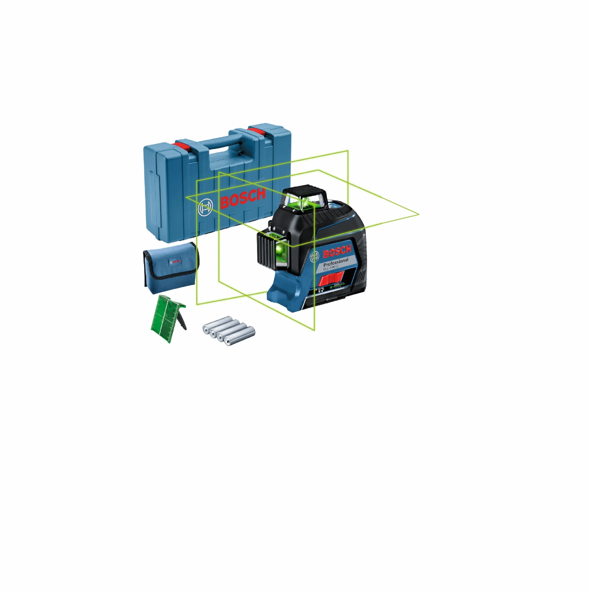 Bosch Professional Laser liniowy GLL 3-80 G (zielona wiązka, do pracy w pomieszczeniach, zasięg pracy: 30 m, 4baterie AA, walizka)