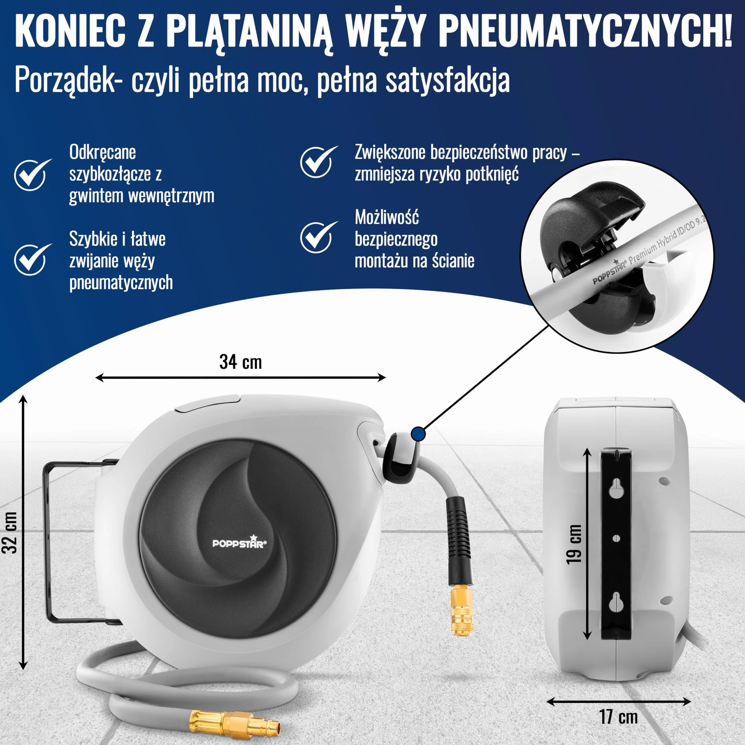 Poppstar wąż pneumatyczny zwijany (15m+1,1m, średnica 3/8"(9,2x14mm) szybkozłączka 1/4" BSPT) automatyczny zwijacz węża pneumatycznego