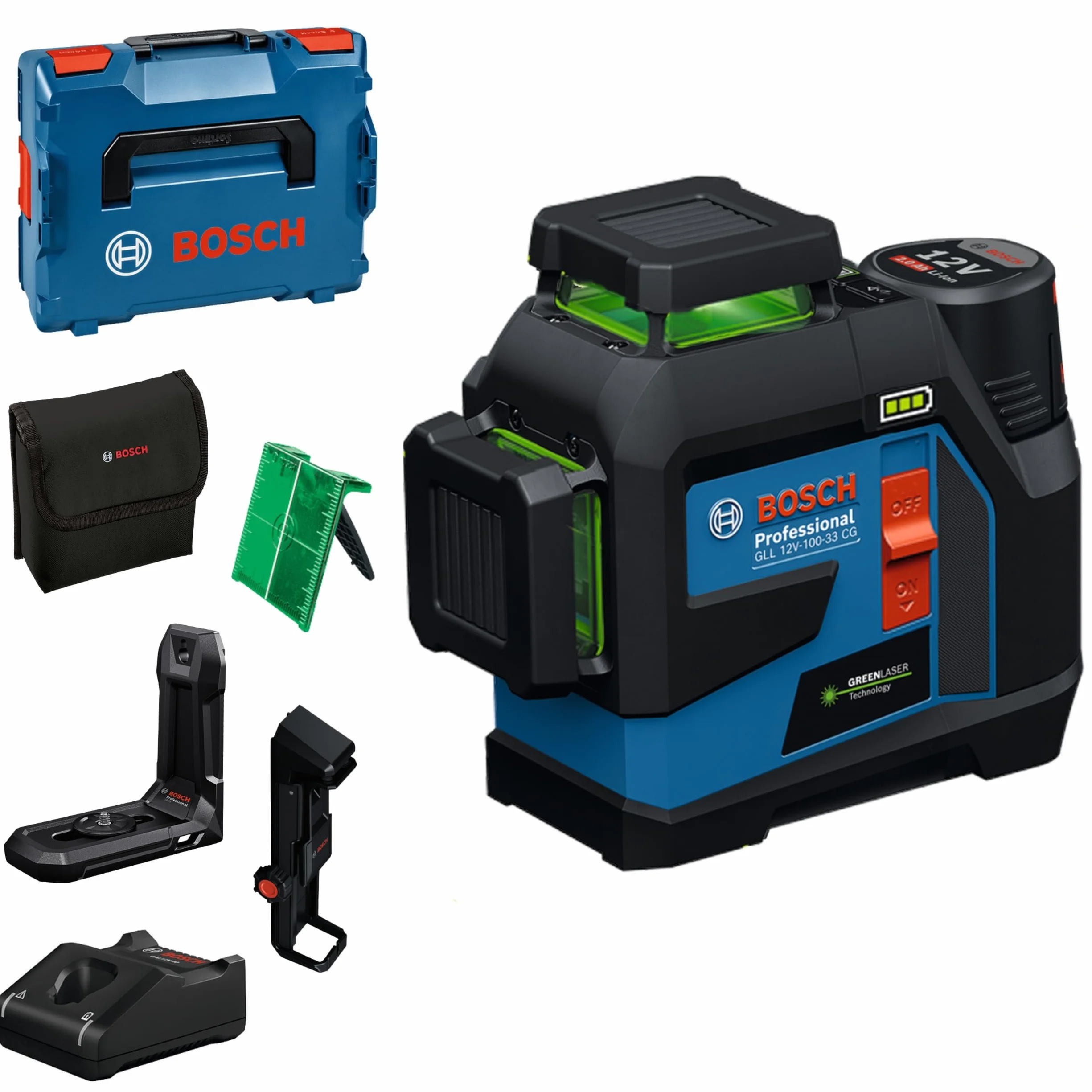 Bosch Professional Laser liniowy GLL 12V-100-33 CG 3x360° 100m IP65 Levelling Remote LB10 DK20 akumulator ładowarka pokrowiec L-BOXX