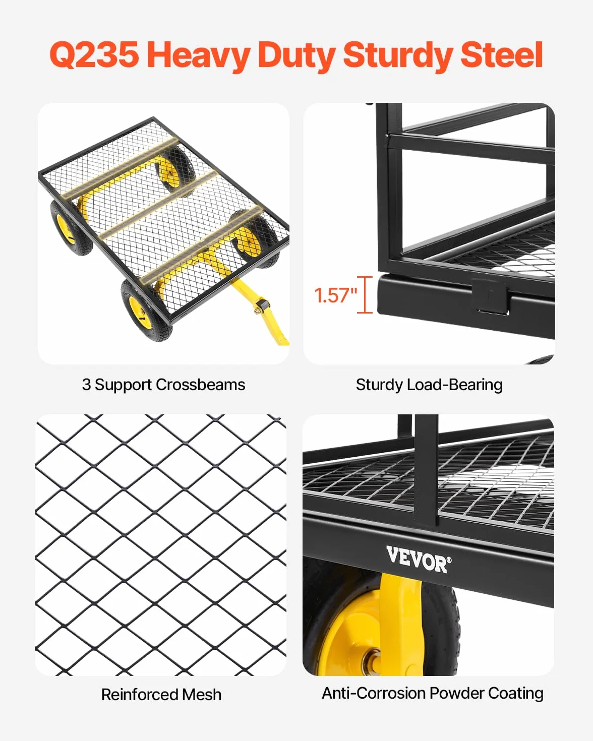 VEVOR Wózek ogrodowy ze stali nierdzewnej 635 kg Heavy Duty Holowanie Wózek ogrodowy, Zewnętrzna metalowa przyczepa ogrodowa z oponami 330 mm Zdejmowane boki z siatki