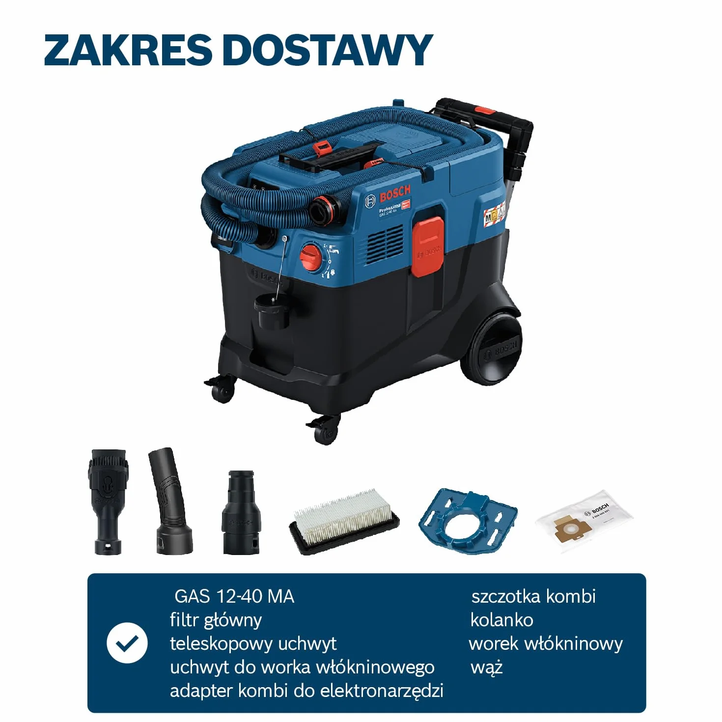 Bosch Professional: odkurzacz uniwersalny GAS 12-40 MA (moc 1200 W, automatyczne oczyszczanie filtra (AFC), filtr główny, wąż, adapter kombi do elektronarzędzia, szczotka kombi)