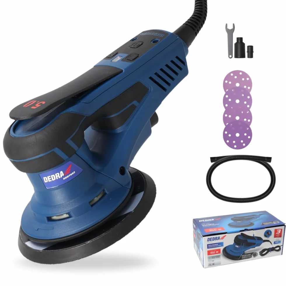 Szlifierka mimośrodowa DEDRA 350 W, Ø 150 mm – bezszczotkowa, regulowana prędkość obrotowa 4000-10000 obr./min, odsysanie pyłu, ergonomiczny design z miękkim uchwytem, w zestawie zestaw akcesoriów