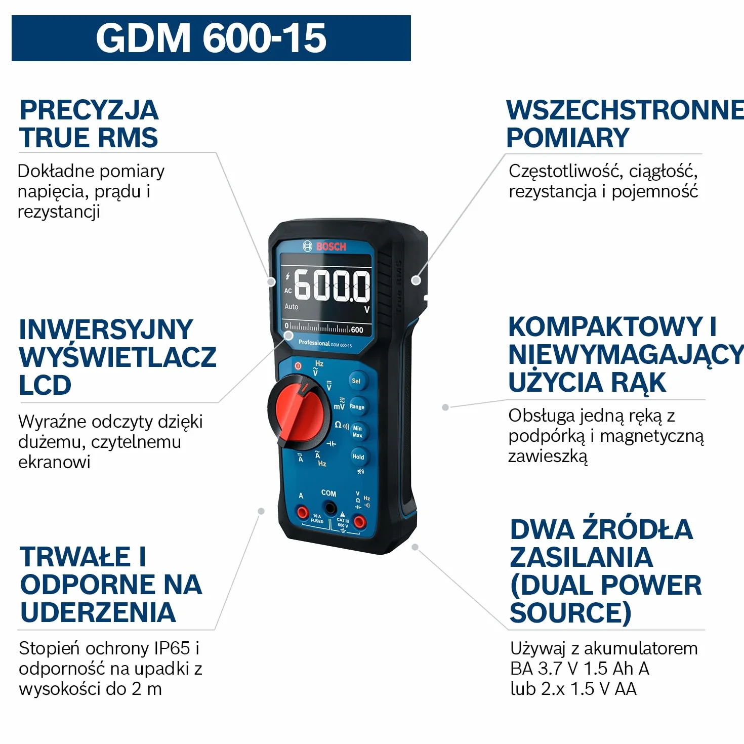 Bosch Professional Cyfrowy miernik uniwersalny GDM 600-15 True RMS LCD