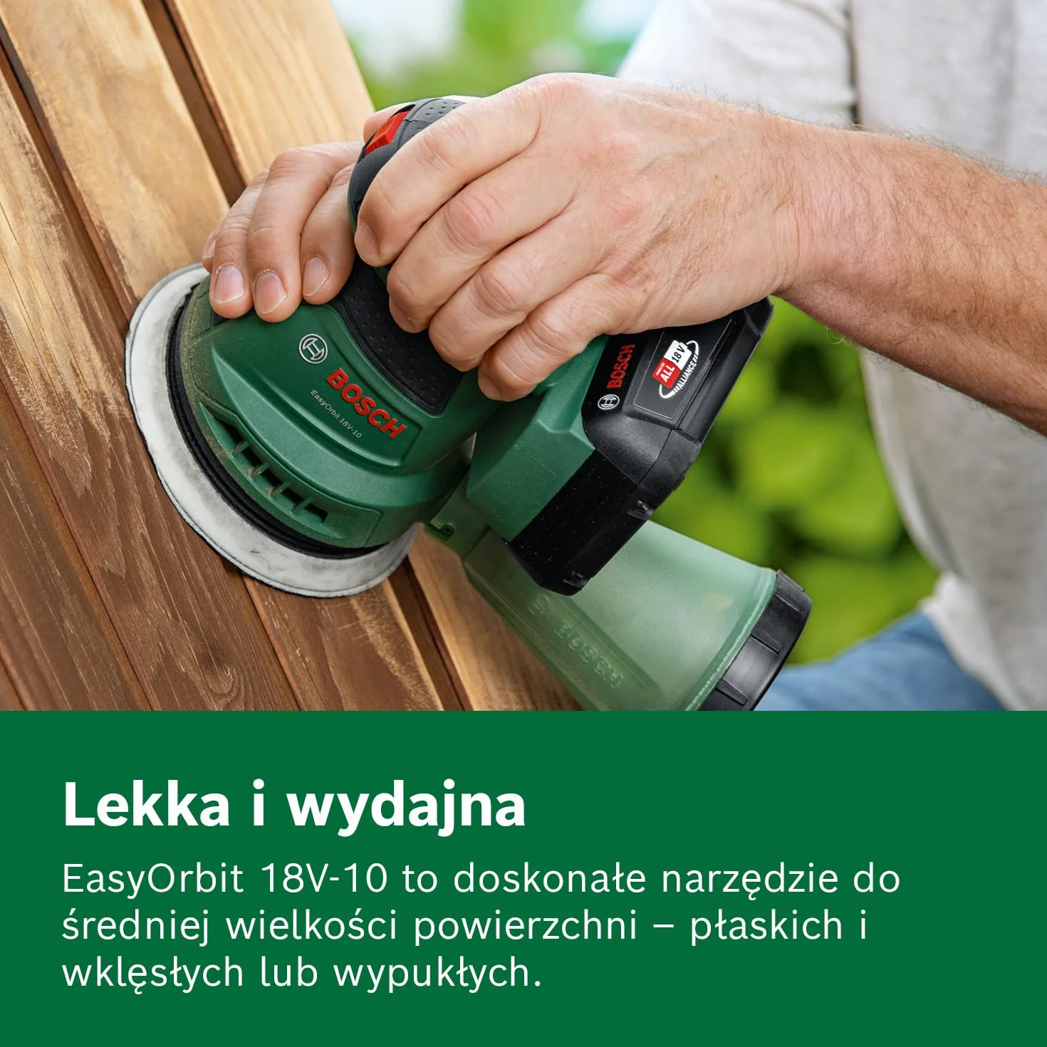Bosch Akumulatorowa szlifierka mimośrodowa EasyOrbit 18V-10 (szlifowanie małych i średnich powierzchni drewnianych, lazurowanych i malowanych, średnica: 125 mm, akumulator 2,0 Ah i ładowarka)