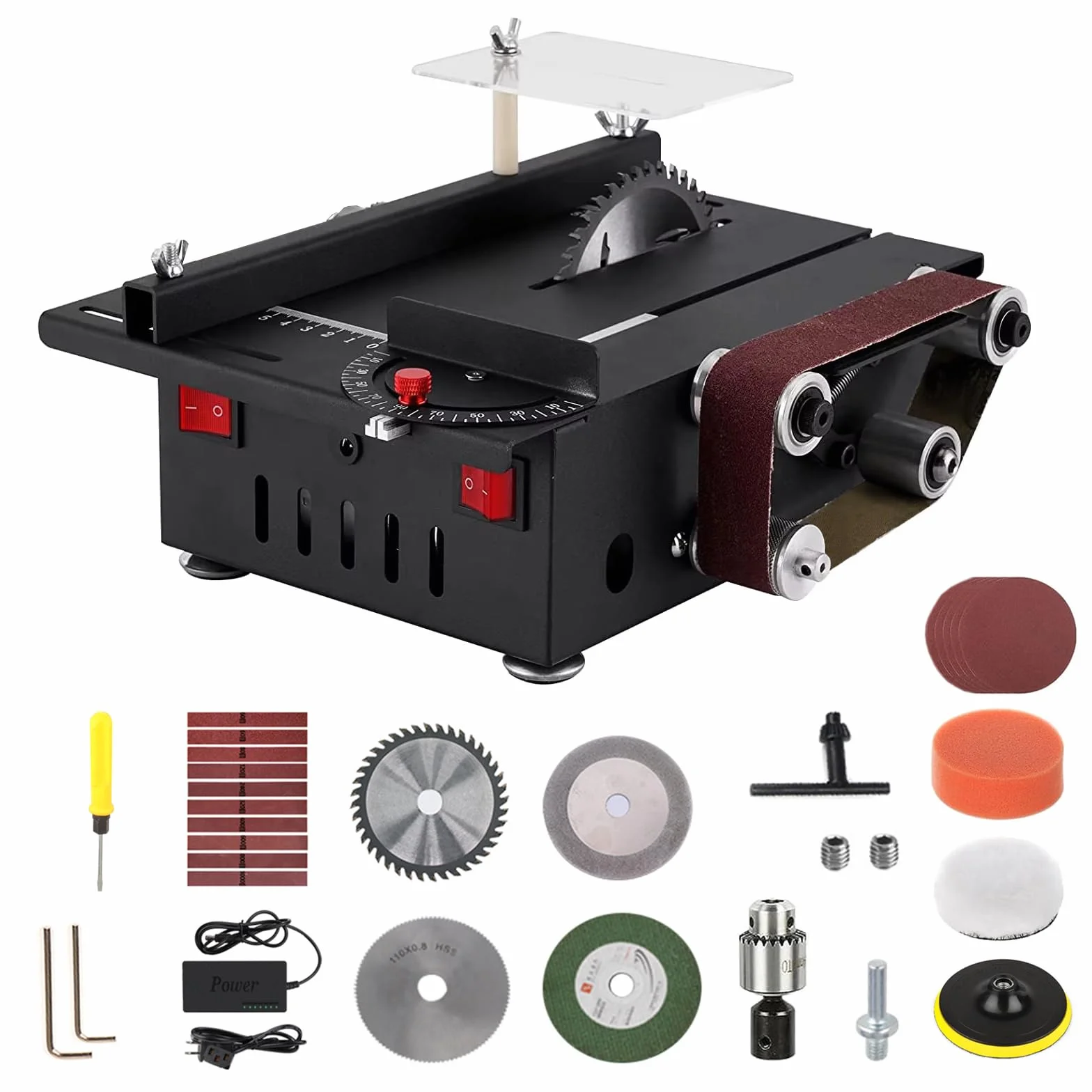 Mini stołowa piła tarczowa z szlifierką taśmową 200 W, głębokość cięcia 0,1-30 mm