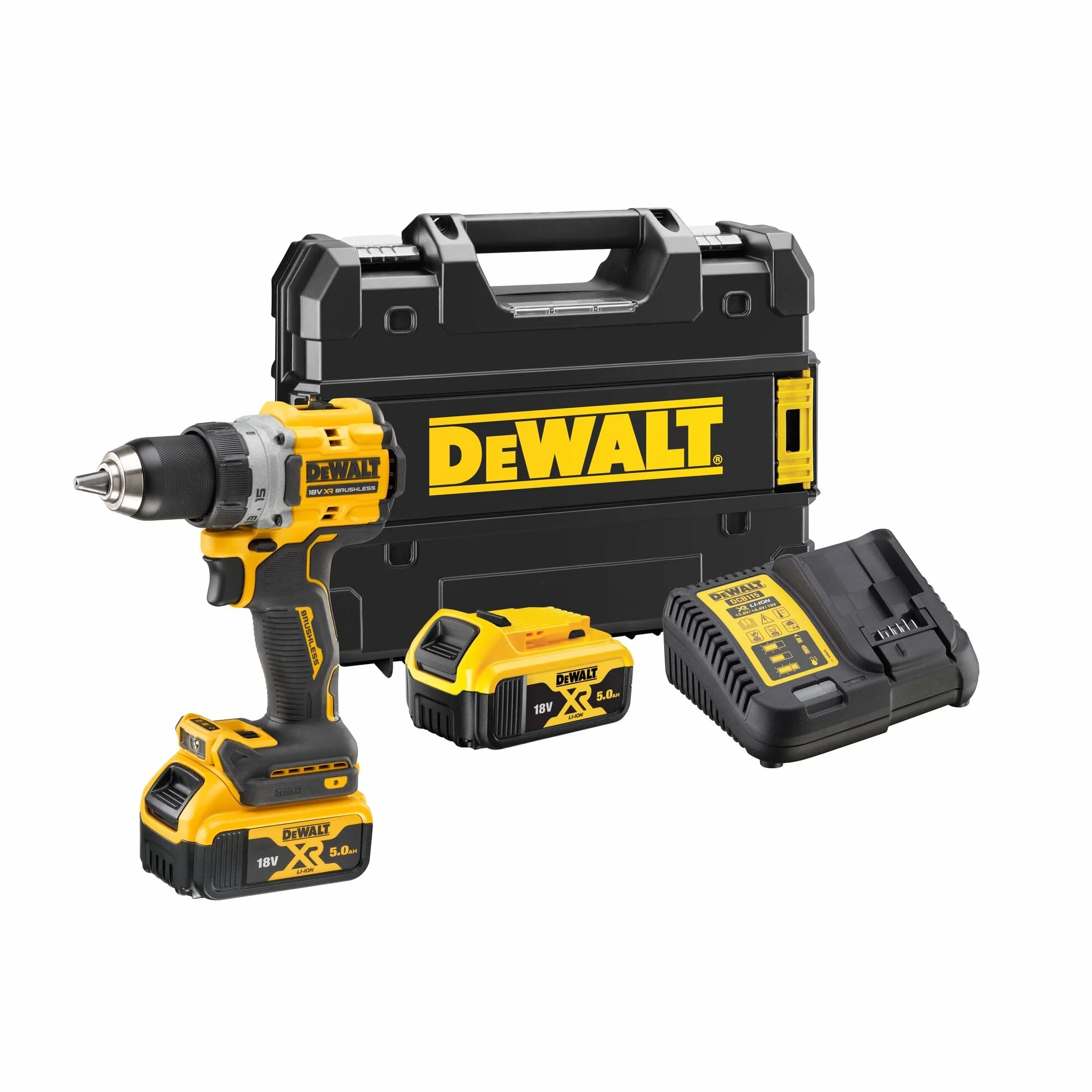 DEWALT DCD800P2T-QW wiertarko-wkrętarka akumulatorowa 18 V, 2 prędkości, silnik bezszczotkowy, uchwyt wiertarski 13 mm, oświetlenie LED, w zestawie 2 x akumulator 5,0 Ah, ładowarka i pudełko TSTAK