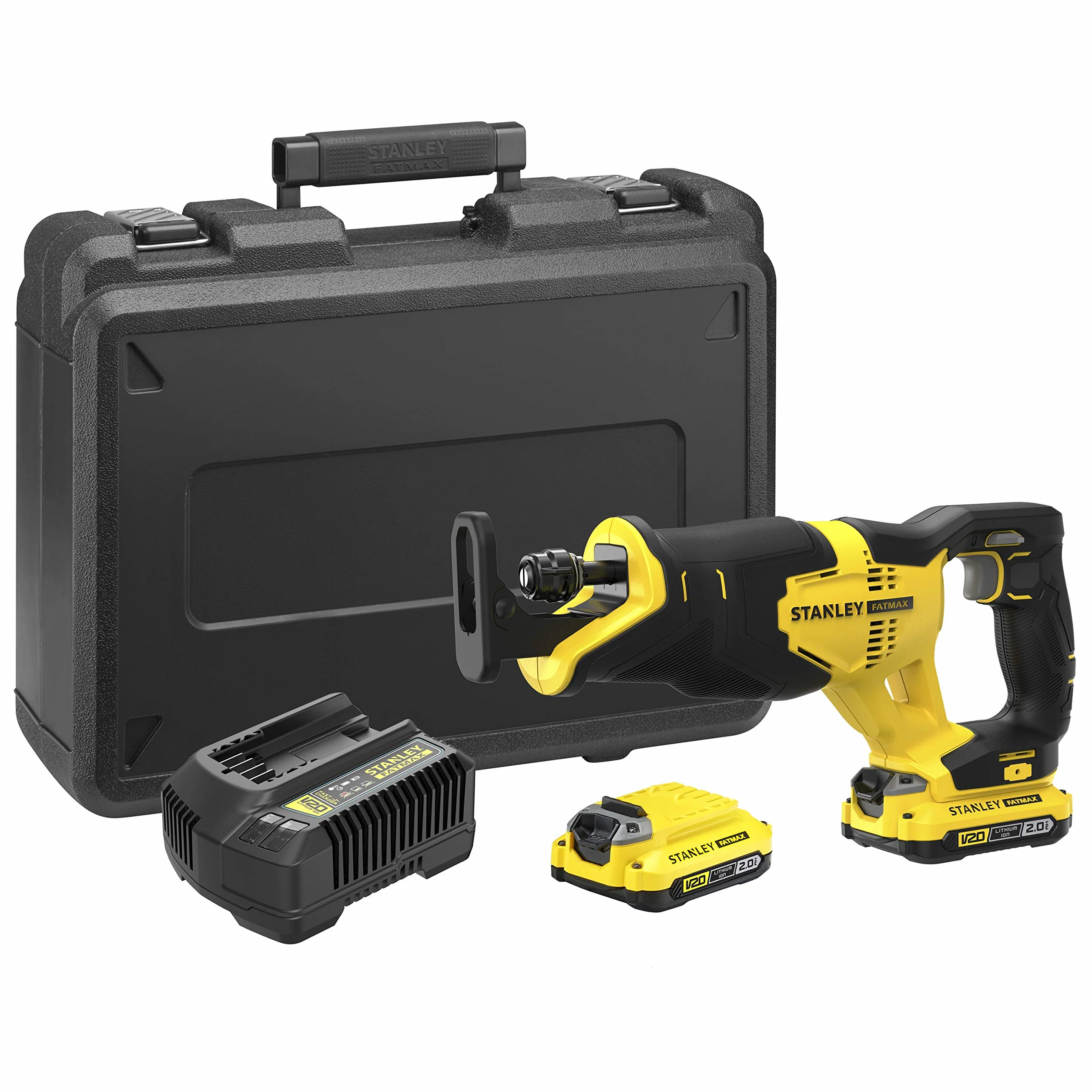 Stanley FatMax SFMCS300D2K akumulatorowa piła szablasta 18 V (2,0 Ah, zmienna prędkość skokowa, wymiana brzeszczotu bez użycia narzędzi, ruchoma prowadnica, w zestawie 2 akumulatory, ładowarka,