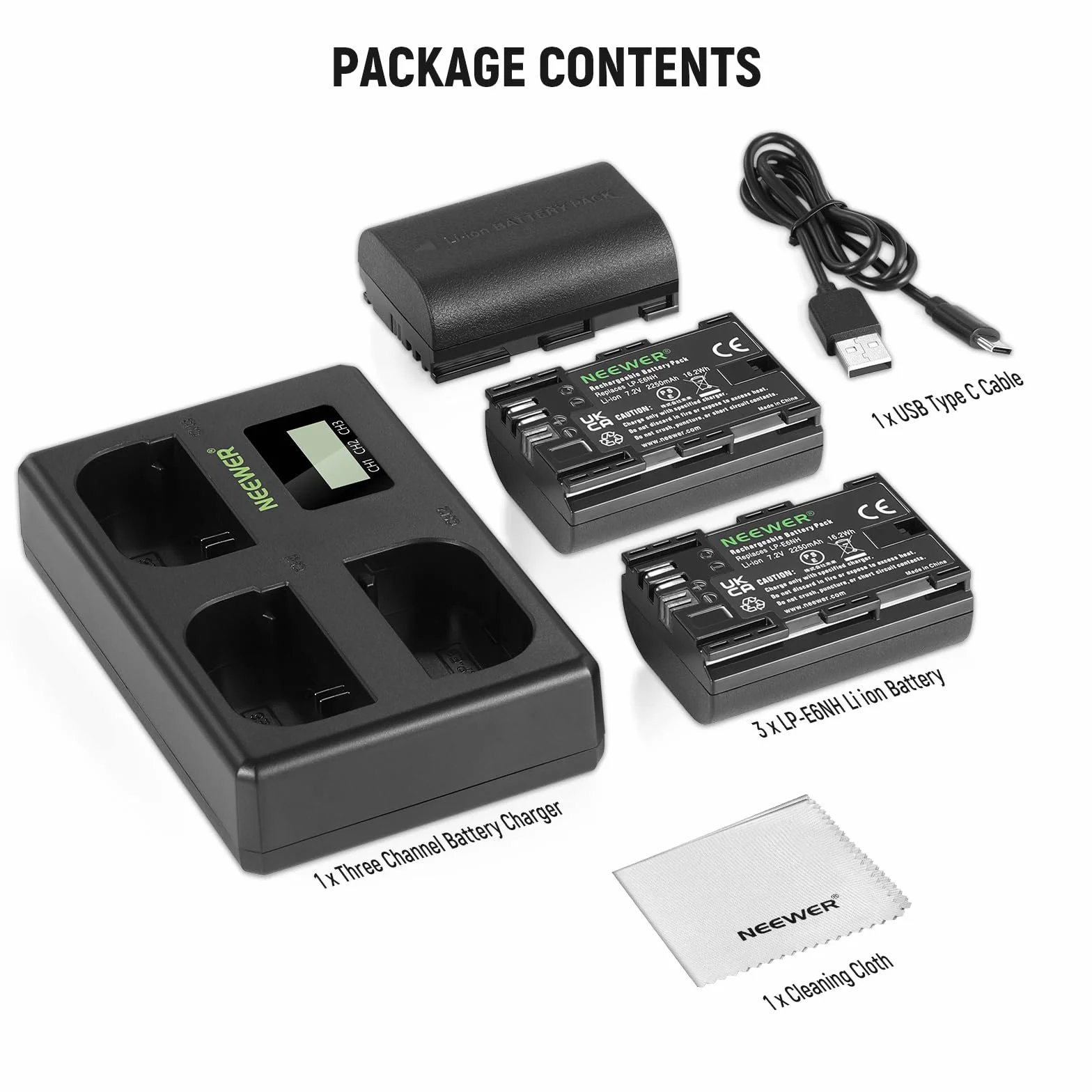 NEEWER LP-E6NH zestaw akumulatorów i ładowarki USB 3-pak 2250 mAh kompatybilny z Canon EOS R7 R5 R6 R6 II 5DIV 6DII 7DII