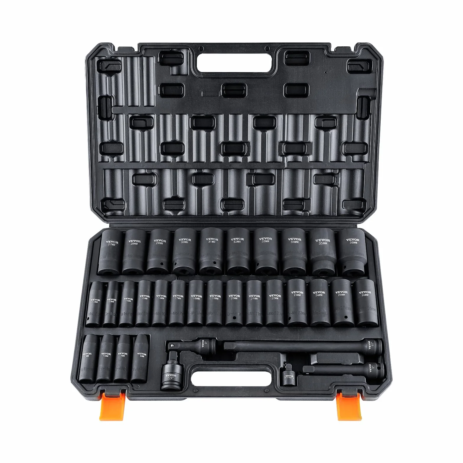 VEVOR Zestaw nasadek do głębokiego uderzenia 1/5.1 cm, 34 szt. zestaw nasadek metrycznych (8-36 mm) 6-punktowa stal stopowa Cr-MO do automatycznej naprawy, wytrzymała konstrukcja, zawiera wytrzymałą