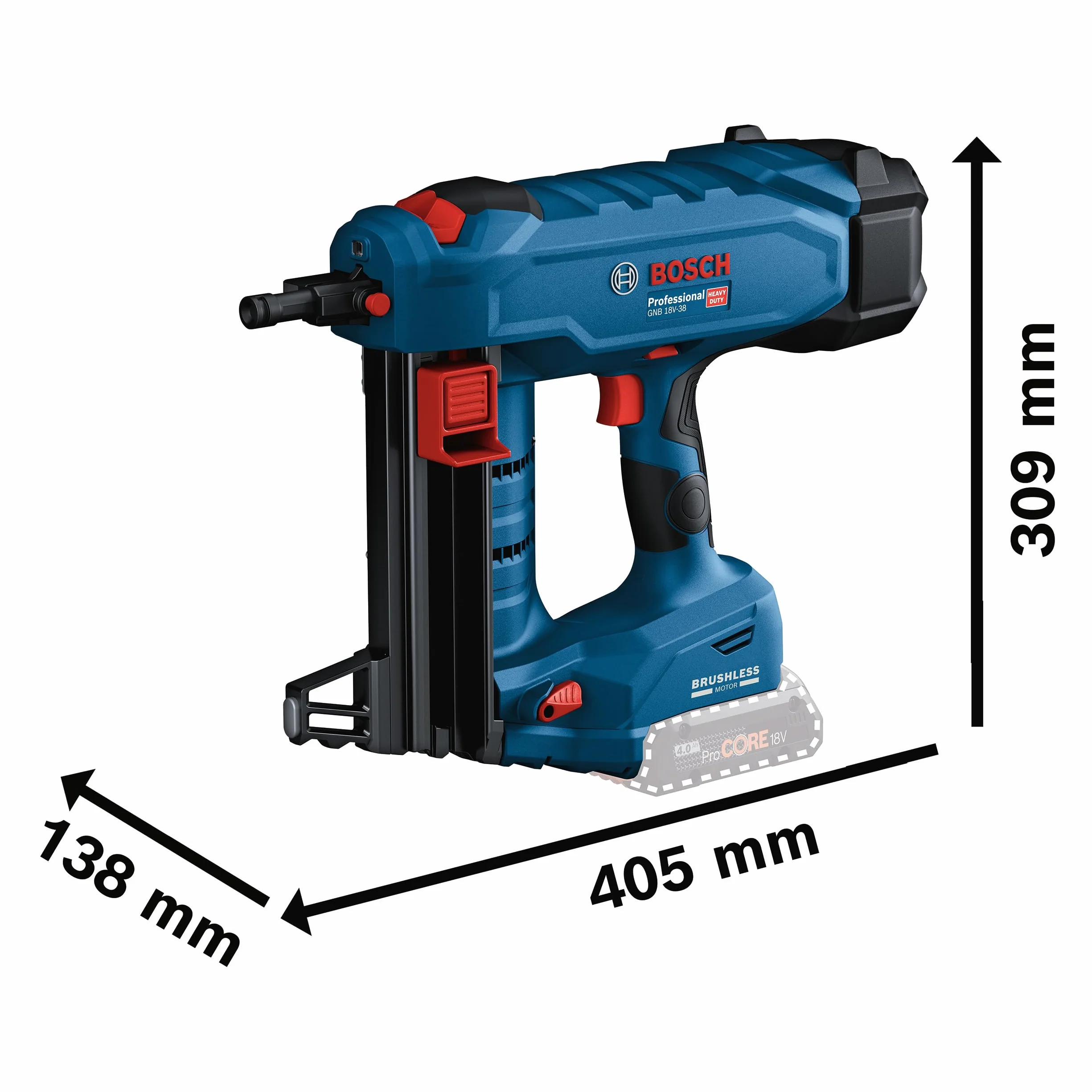 Bosch Professional system 18V: akumulatorowa gwoździarka do betonu GNB 18V-38 (średnice gwoździ 2,7-3,0 mm, długość gwoździ maks. 38 mm, z 1 wrzecionem wyciągowym, 1 hak mocujący, walizka XL-BOXX)