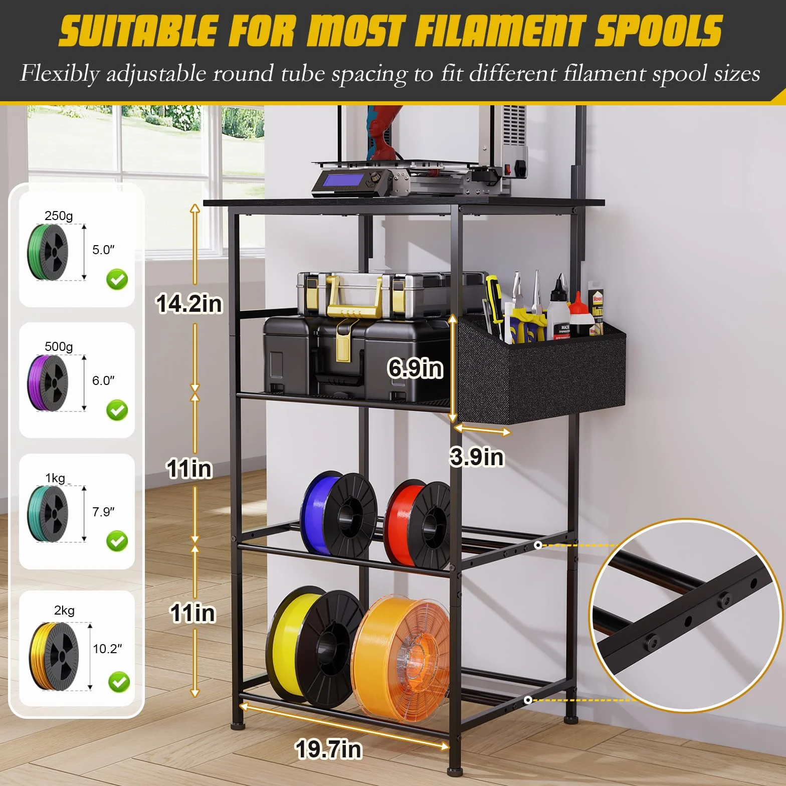 Stolik do drukarki 3D, 5-poziomowy metalowy stojak z miejscem na filament, do biura