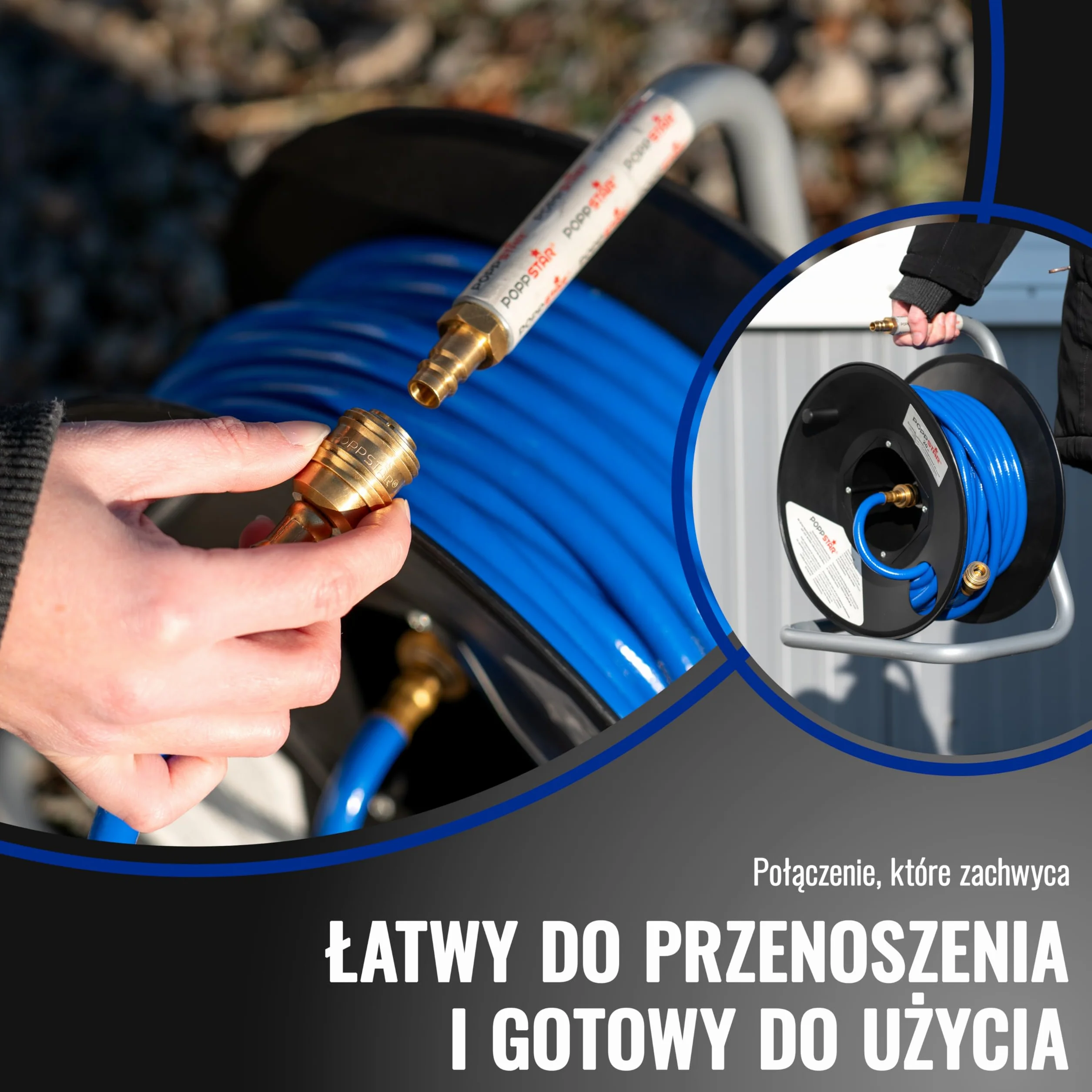Poppstar ręczny bęben wykonany z PVC na wąż do sprężonego powietrza (długość 20m+1,5m, średnica (6x11,5mm)), przyłącza 1/4 cala BSPT