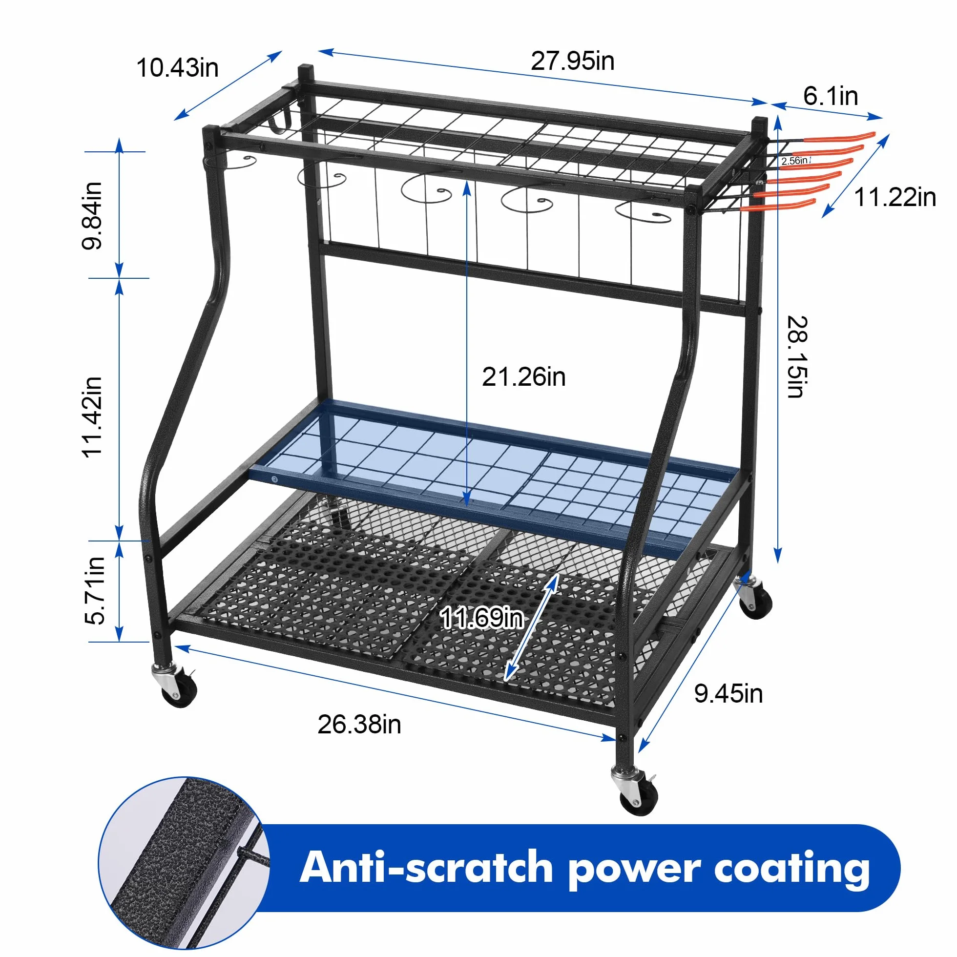 Sinoer Organizer do garażu ogrodowego, do przechowywania narzędzi ogrodowych, regał do przechowywania narzędzi ogrodowych z hakiem i kółkiem, 3-poziomowy metalowy regał narzędziowy, trawnik, garaż