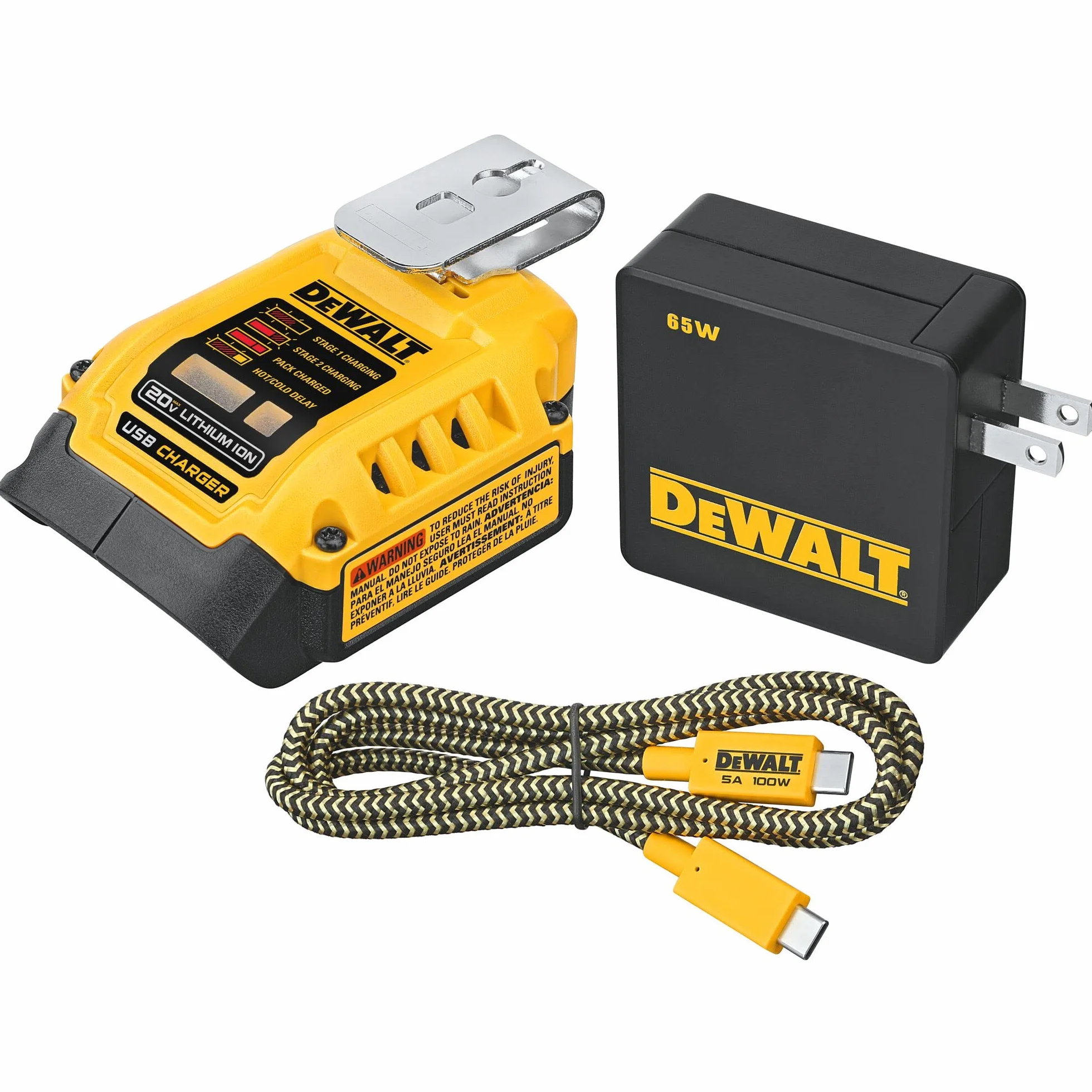 DEWALT DCB094K-QW ładowarka kombi z funkcją powerbanku, do wszystkich akumulatorów XR i XR Flexvolt 18 V, 5A 230 V, w zestawie kabel USB-C (E), metalowy haczyk do paska