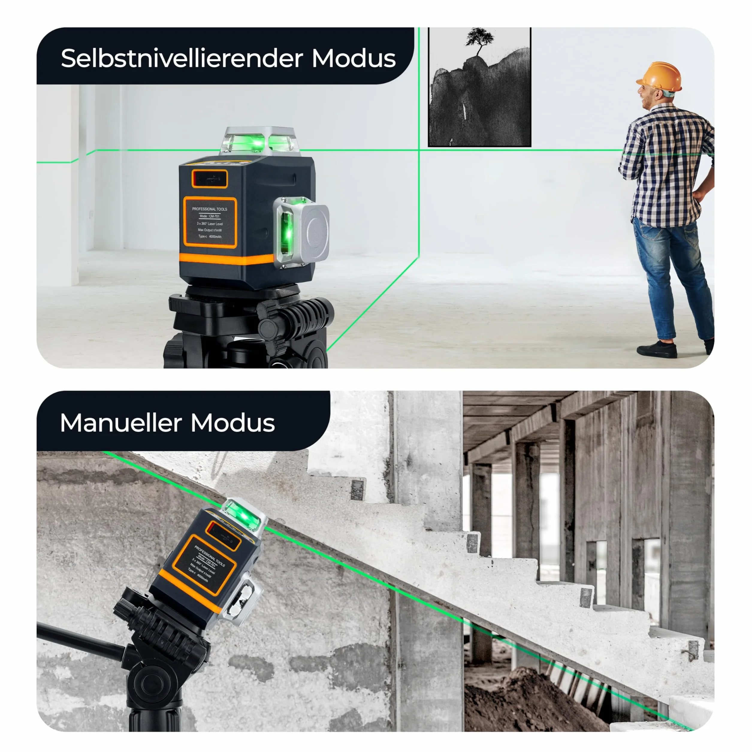 CIGMAN 3x360 ° zielony poziom lasera, samopoziomujący poziom lasera, zasięg roboczy: 30m, z pilotem, uchwytem magnetycznym, obrotową podstawą 360 °, wbudowany akumulator litowo-jonowy