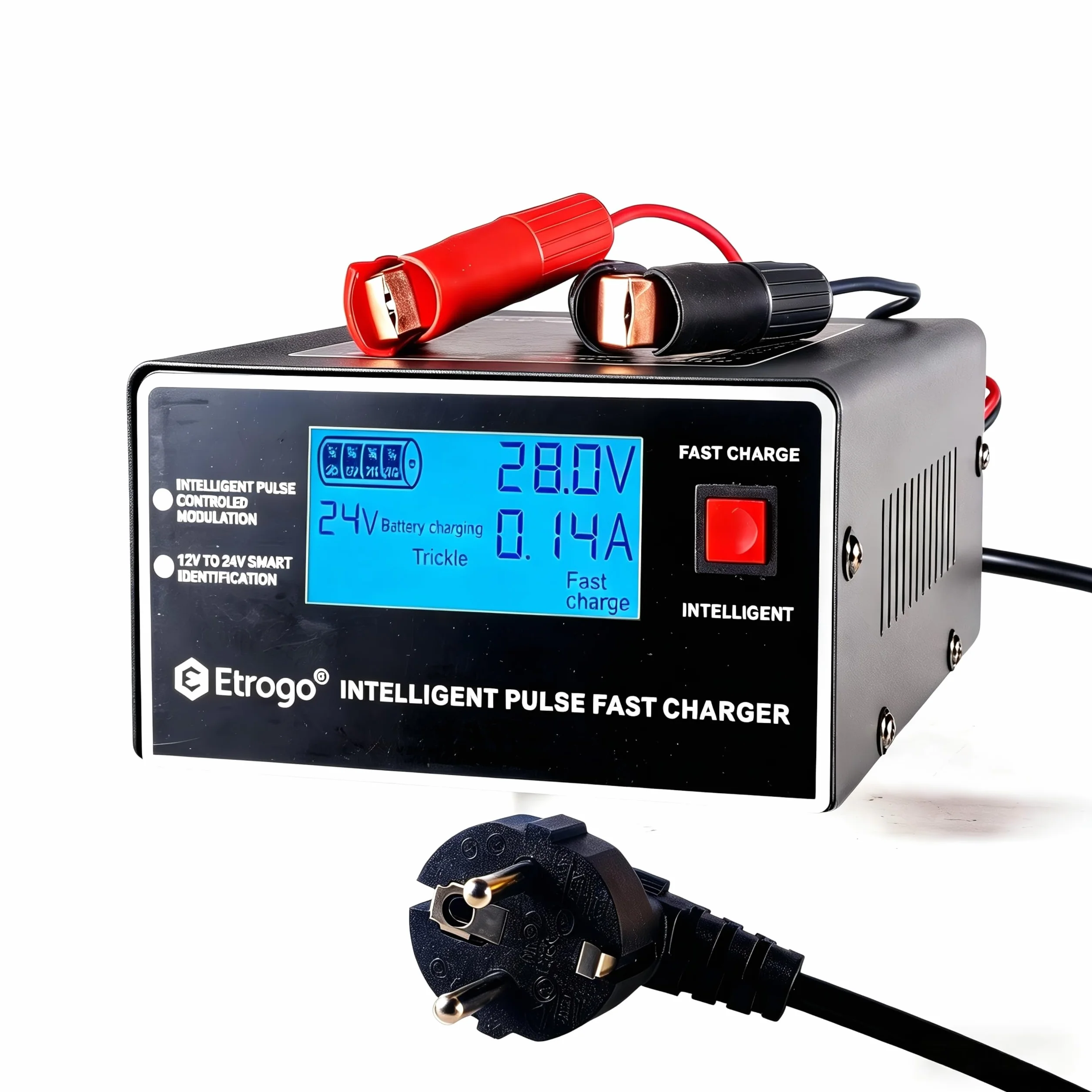 Etrogo Ładowarka do akumulatorów samochodowych 12 V/24 V 250 W 10 A Inteligentne ładowanie impulsowe z automatyczną rozpoznawaniem Funkcja naprawy i konserwacji Czarny