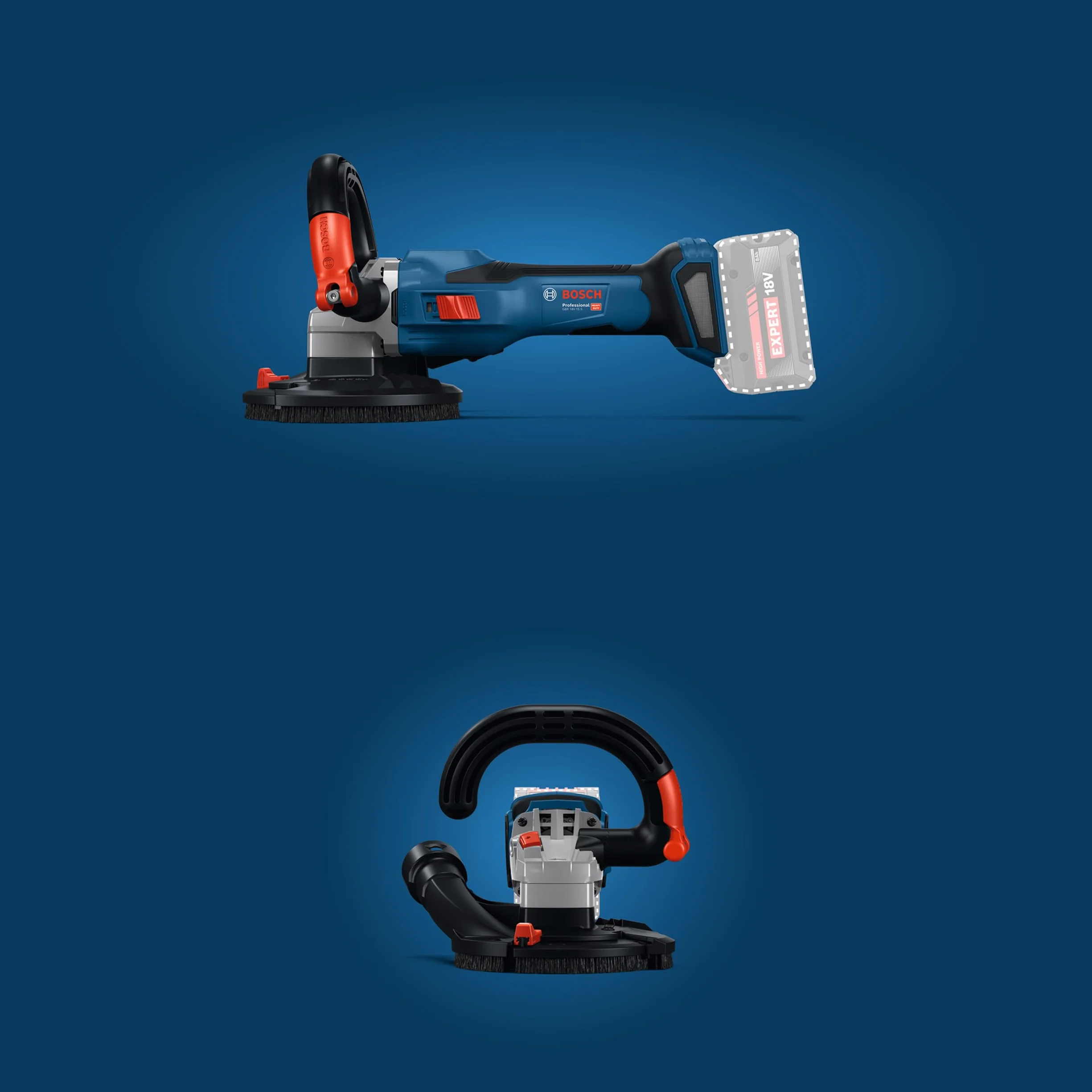 Bosch Professional 18V System Akumulatorowa szlifierka do betonu GBR 18V-15 S (walizka L-BOXX 238, diamentowa tarcza garnkowa, klucz widełkowy, zapasowy dwuczęściowy wieniec szczotkowy)