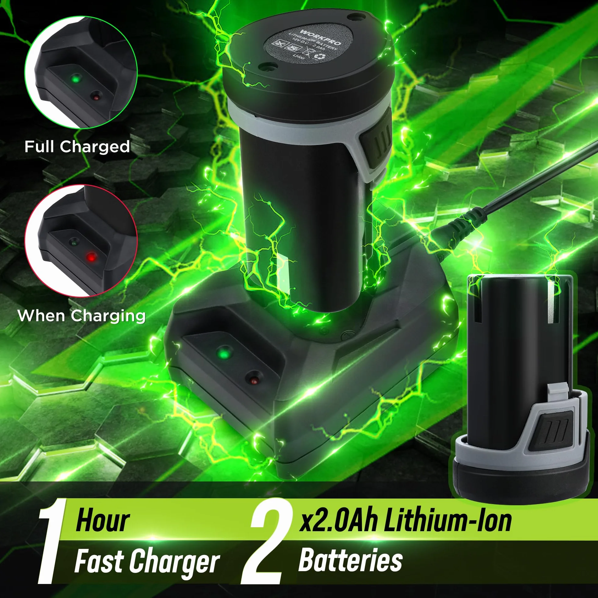WORKPRO Akumulatorowy klucz zapadkowy 12 V 55 Nm, z 2 akumulatorami 2,0 Ah, zestaw 10 kluczy nasadowych 3/8", światło LED, torba