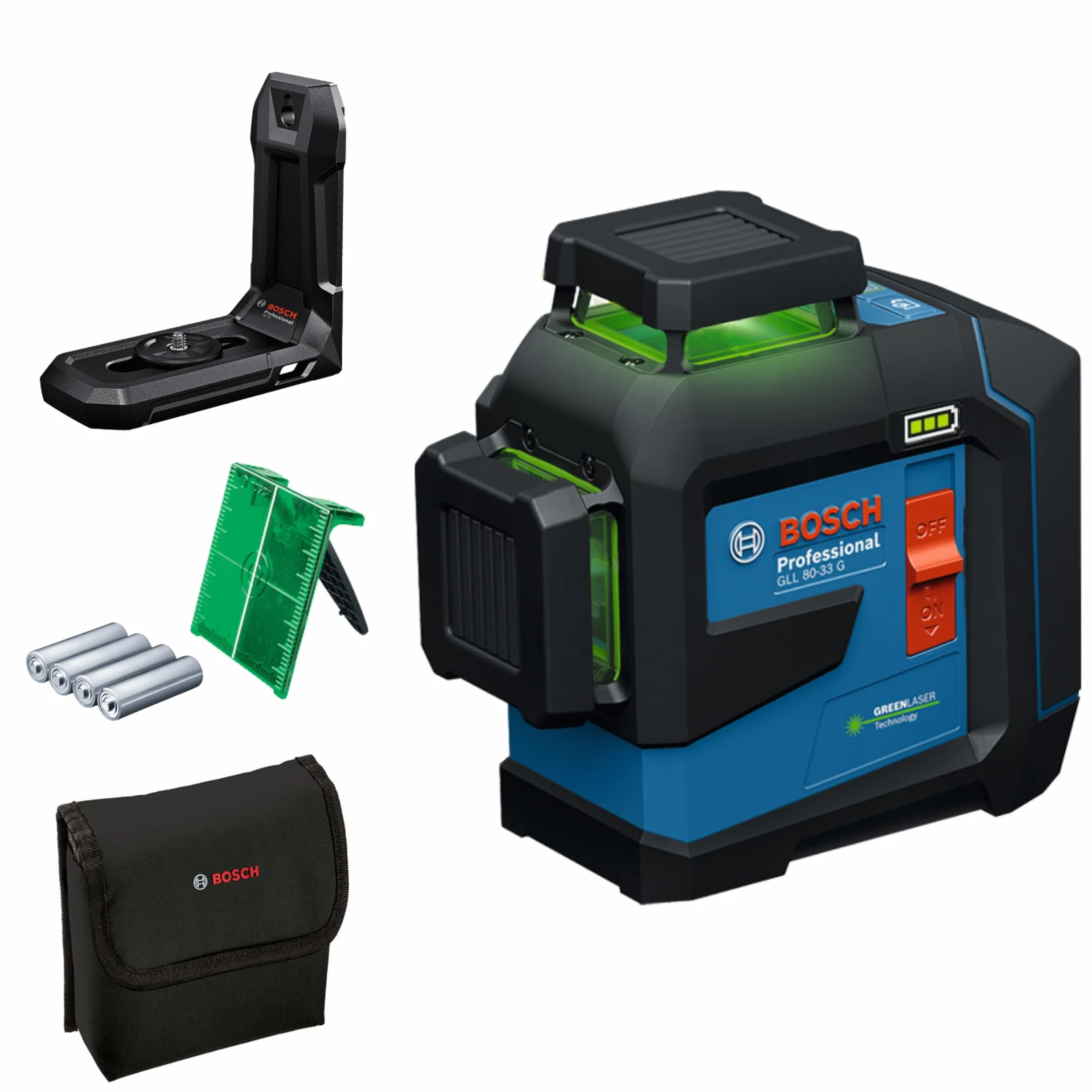 Bosch Professional Laser Liniowy GLL 80-33 G, Zielona Wiązka, Zasięg 30 m, Dual Power Source, 4x Baterie LR6, Uchwyt LB 10, Pokrowiec