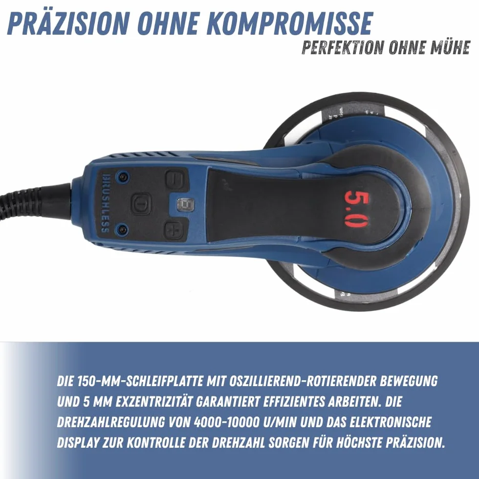 Szlifierka mimośrodowa DEDRA 350 W, Ø 150 mm – bezszczotkowa, regulowana prędkość obrotowa 4000-10000 obr./min, odsysanie pyłu, ergonomiczny design z miękkim uchwytem, w zestawie zestaw akcesoriów