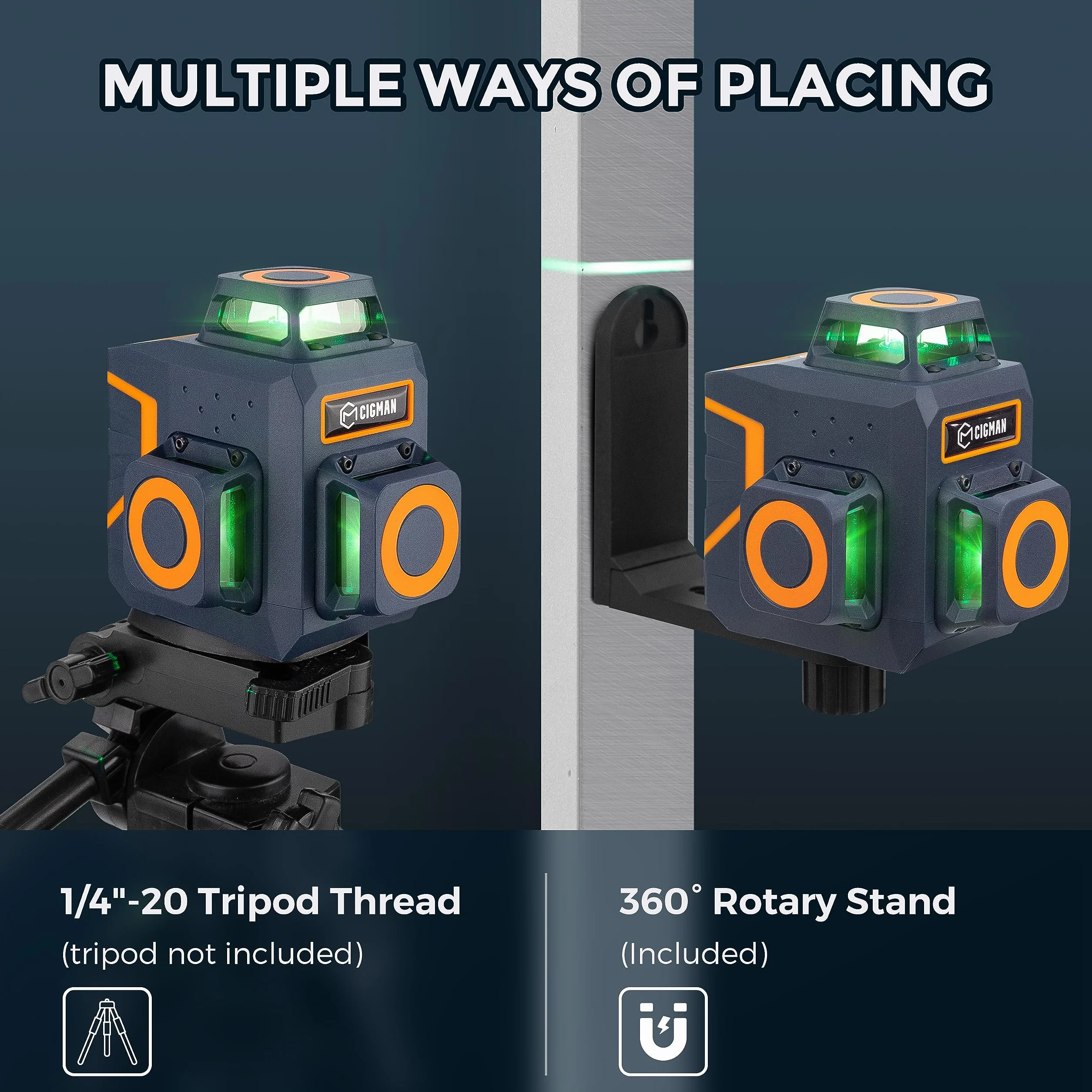 CIGMAN Cross Line Laser Green 2 x 360 stopni Poziom lasera Poziom lasera z akumulatorem litowym i pilotem Regulowana jasność w celu oszczędzania energii CM701SE