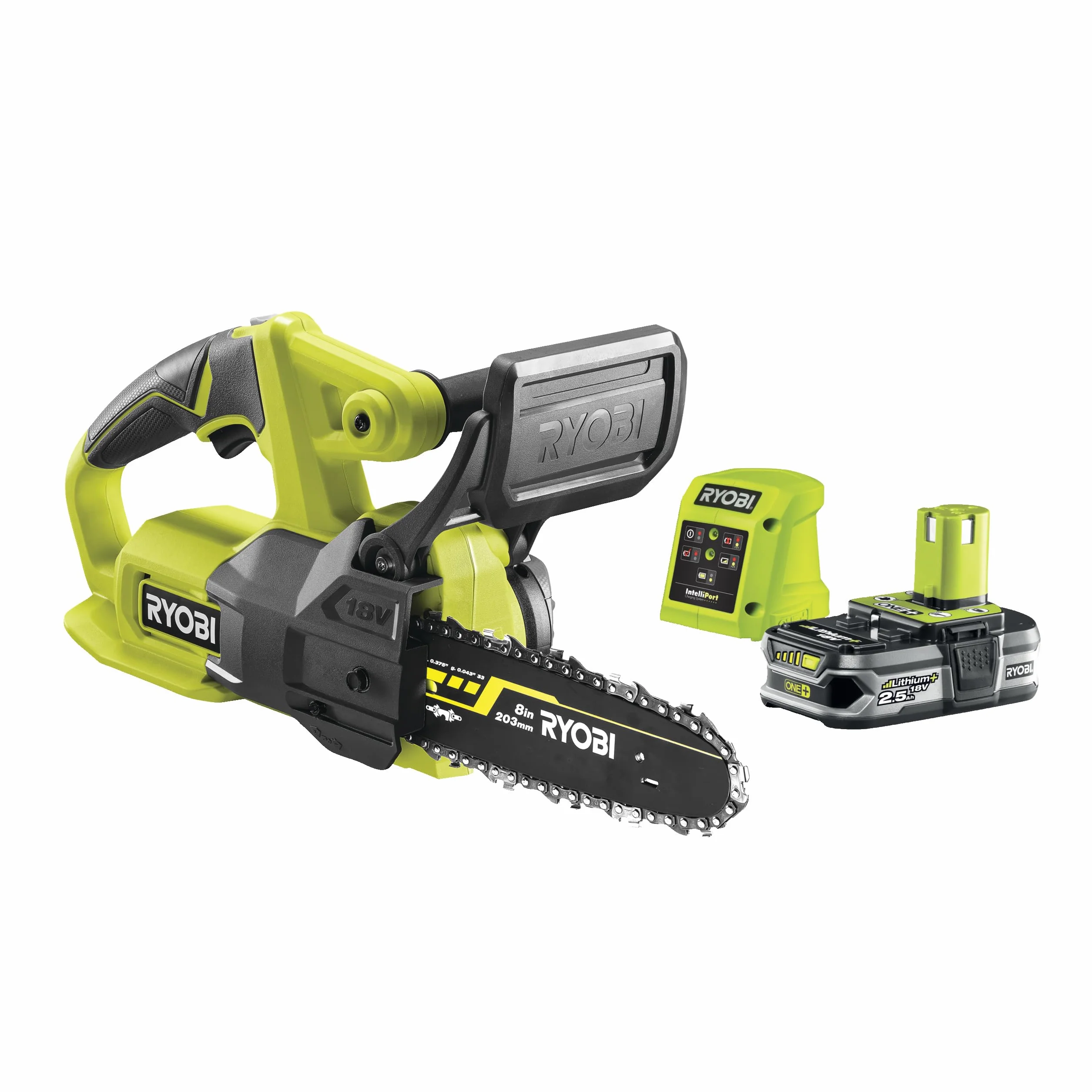 Ryobi Kompaktowa Piła Łańcuchowa 18V RY18CS20A-125, Prowadnica 20 cm, Prędkość 4.6 m/s, Zestaw z Akumulatorem 2.5 Ah i Ładowarką