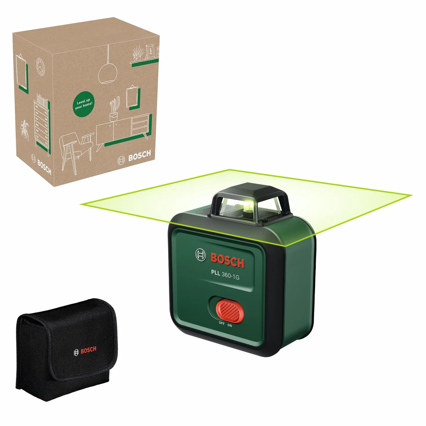 Bosch Laser płaszczyznowy PLL 360-1G (zielona wiązka laserowa 360°, funkcja samopoziomowania, dokładność ±0,4 mm/m, zintegrowany akumulator Li-ion, USB-C®, opakowanie kartonowe E-Commerce)