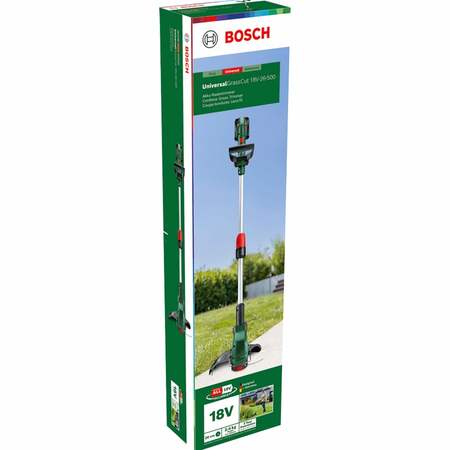 Bosch: akumulatorowa podkaszarka do trawy UniversalGrassCut 18V-26-500 (do podkaszania w poziomie i pionie, czas ładowania: 65 min, średnica cięcia: 26 cm, system 18V, z akumulatorem i ładowarką)